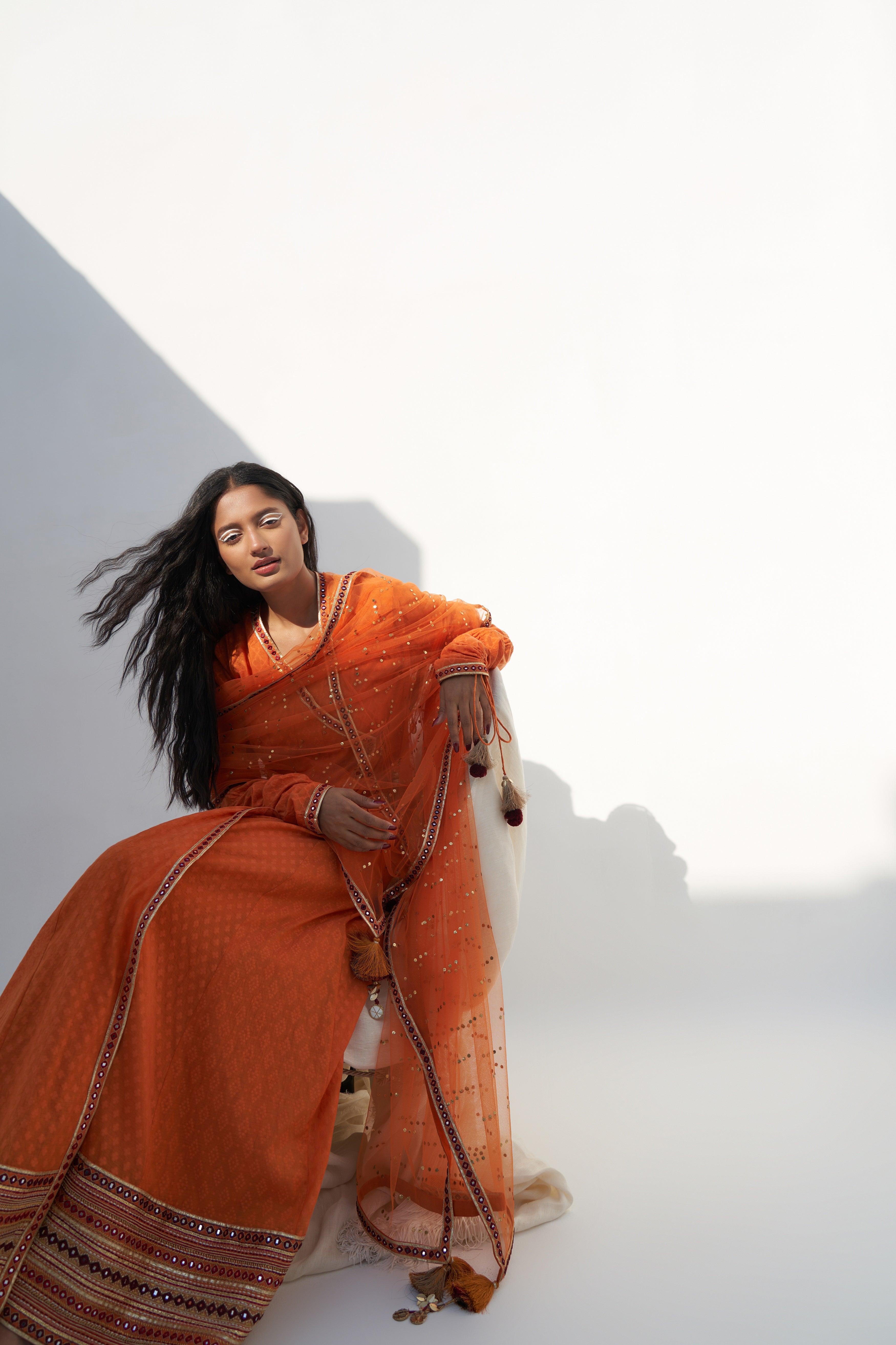 Orange Chanderi Jacquard Embroidered Anarkali