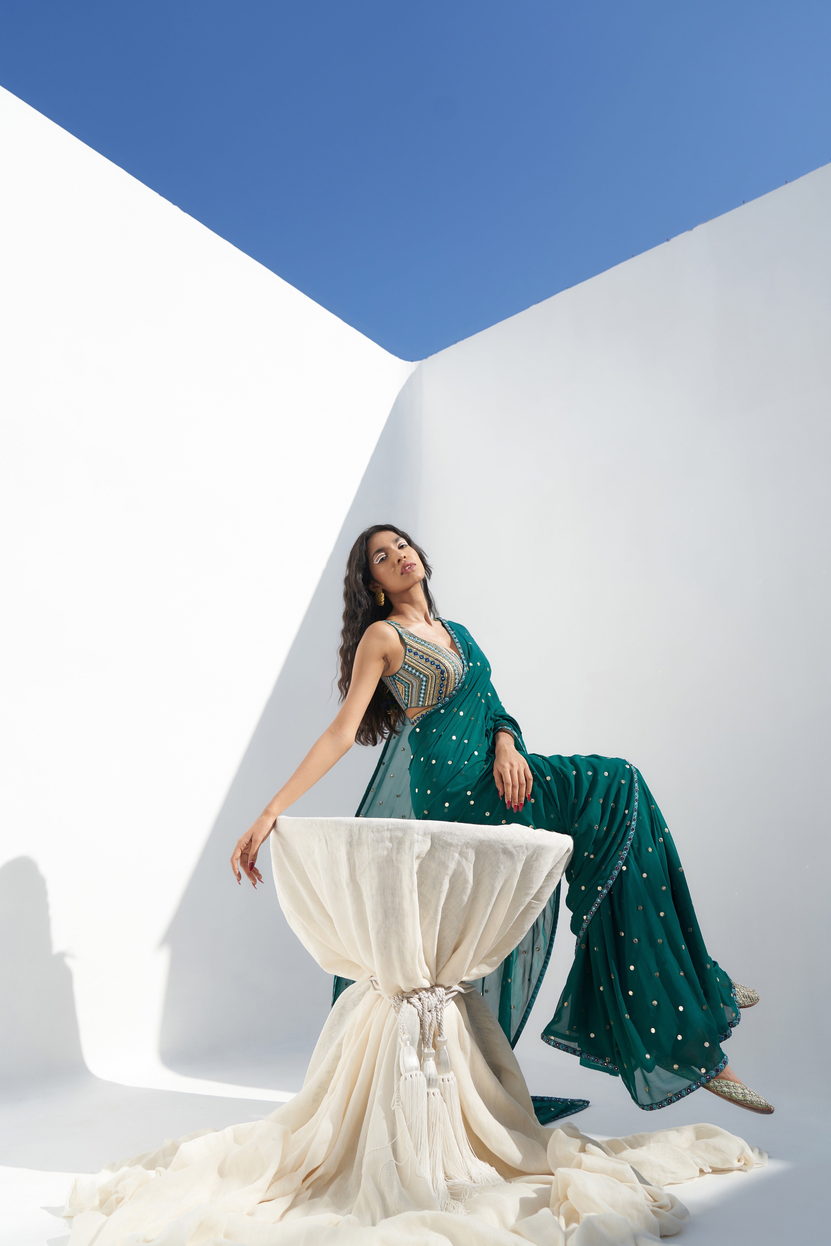 Emerald Green Embroidered Saree frontview