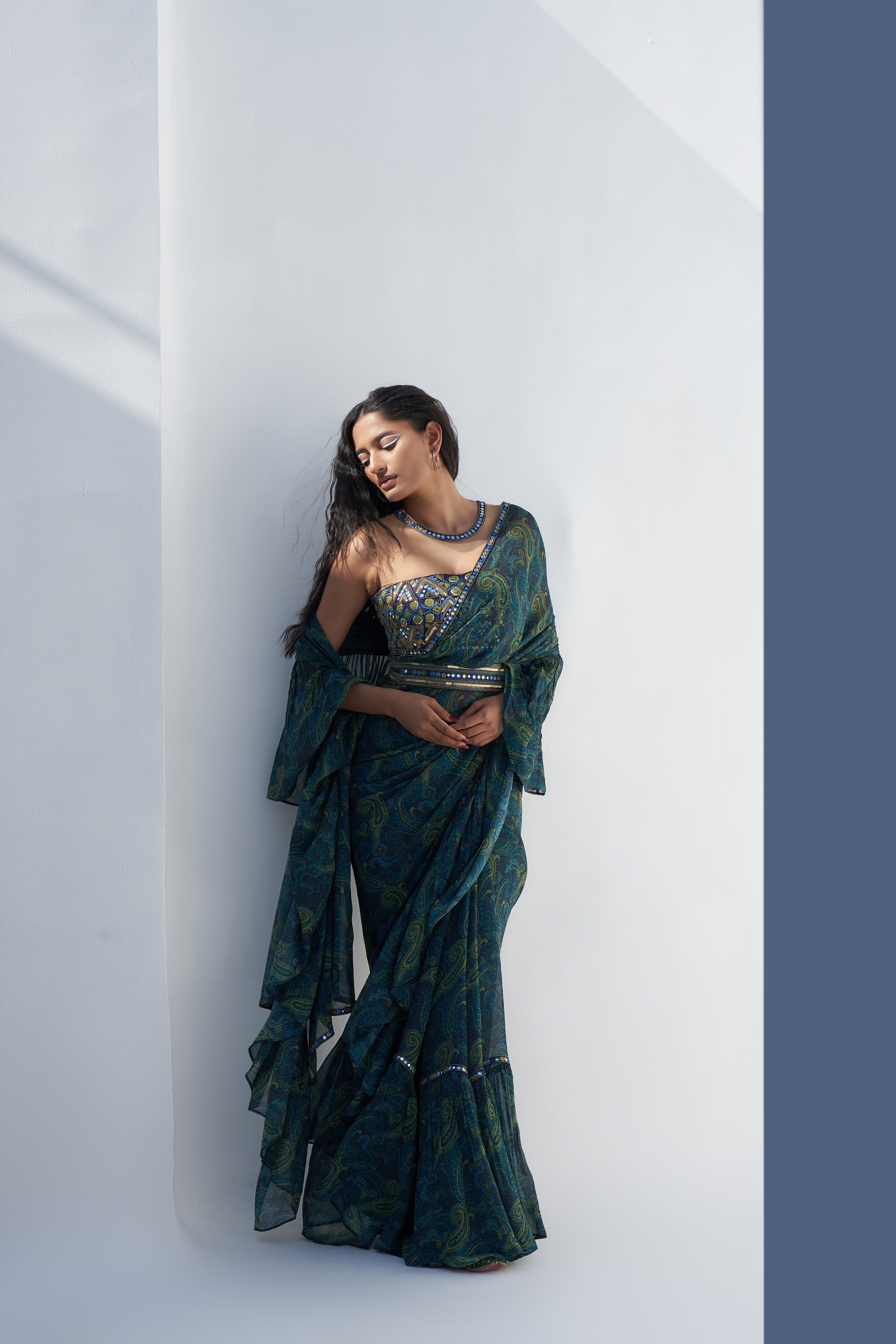 Emerald Green Ruffled Saree