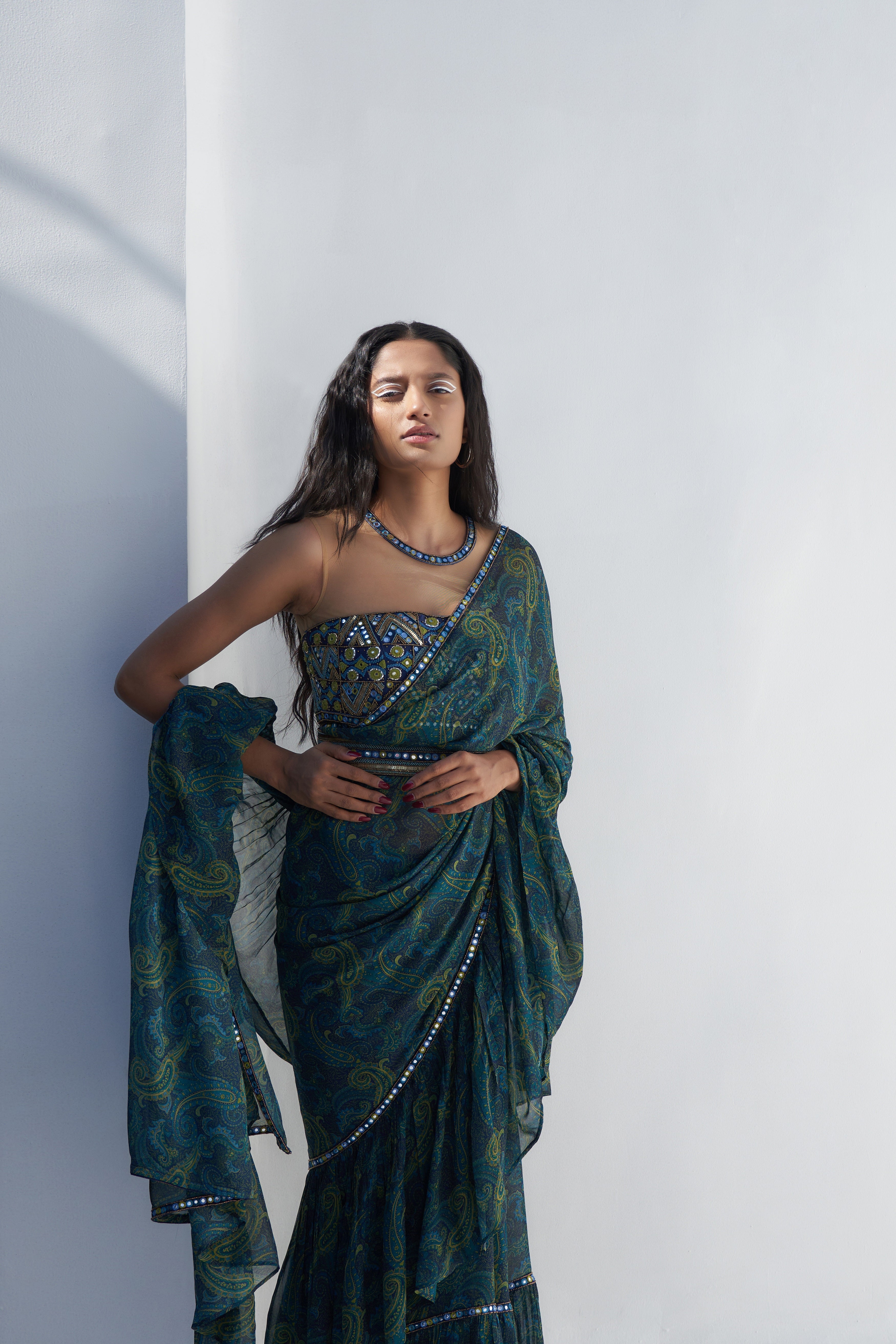 Emerald Green Ruffled Saree frontview