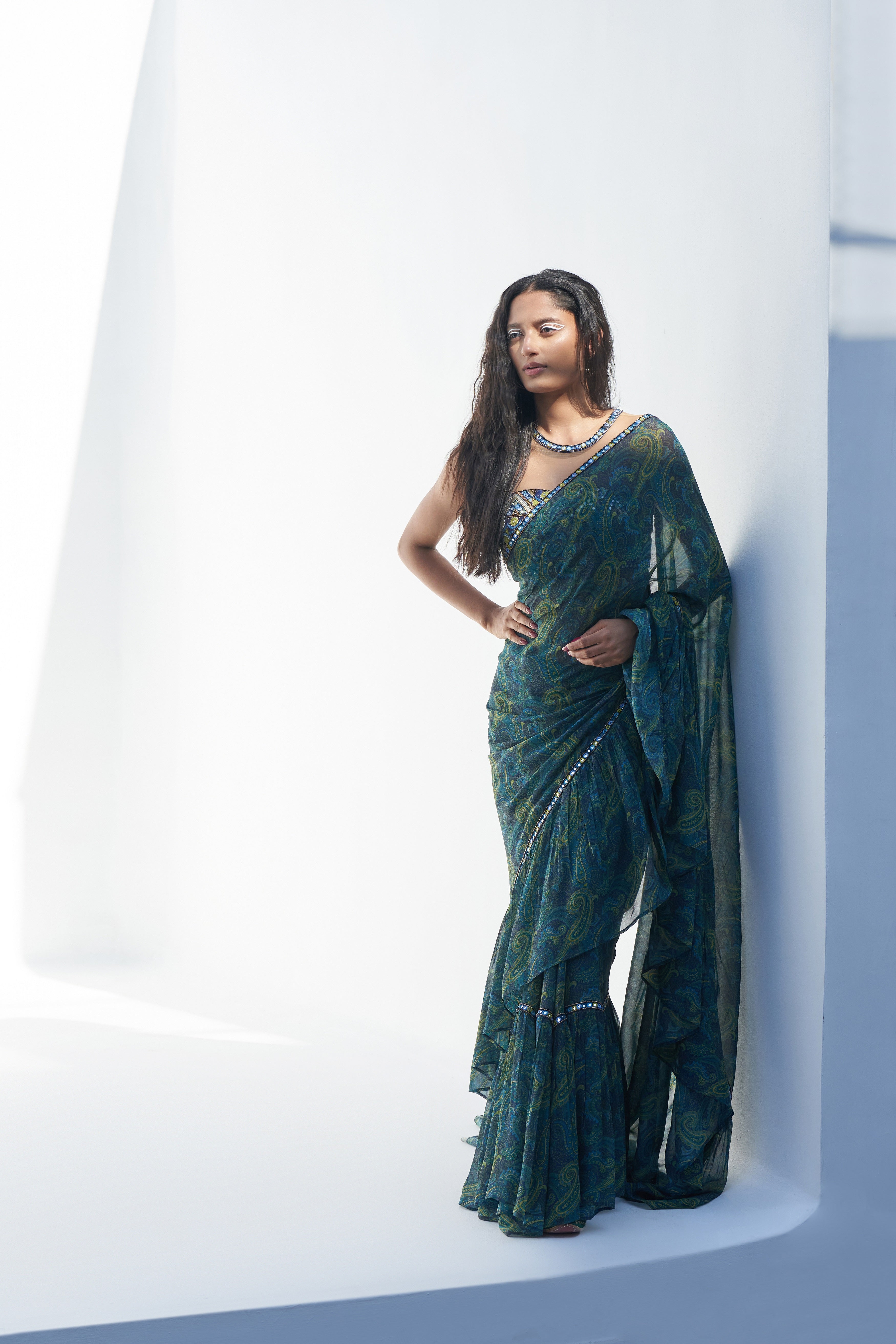 Emerald Green Ruffled Saree frontview