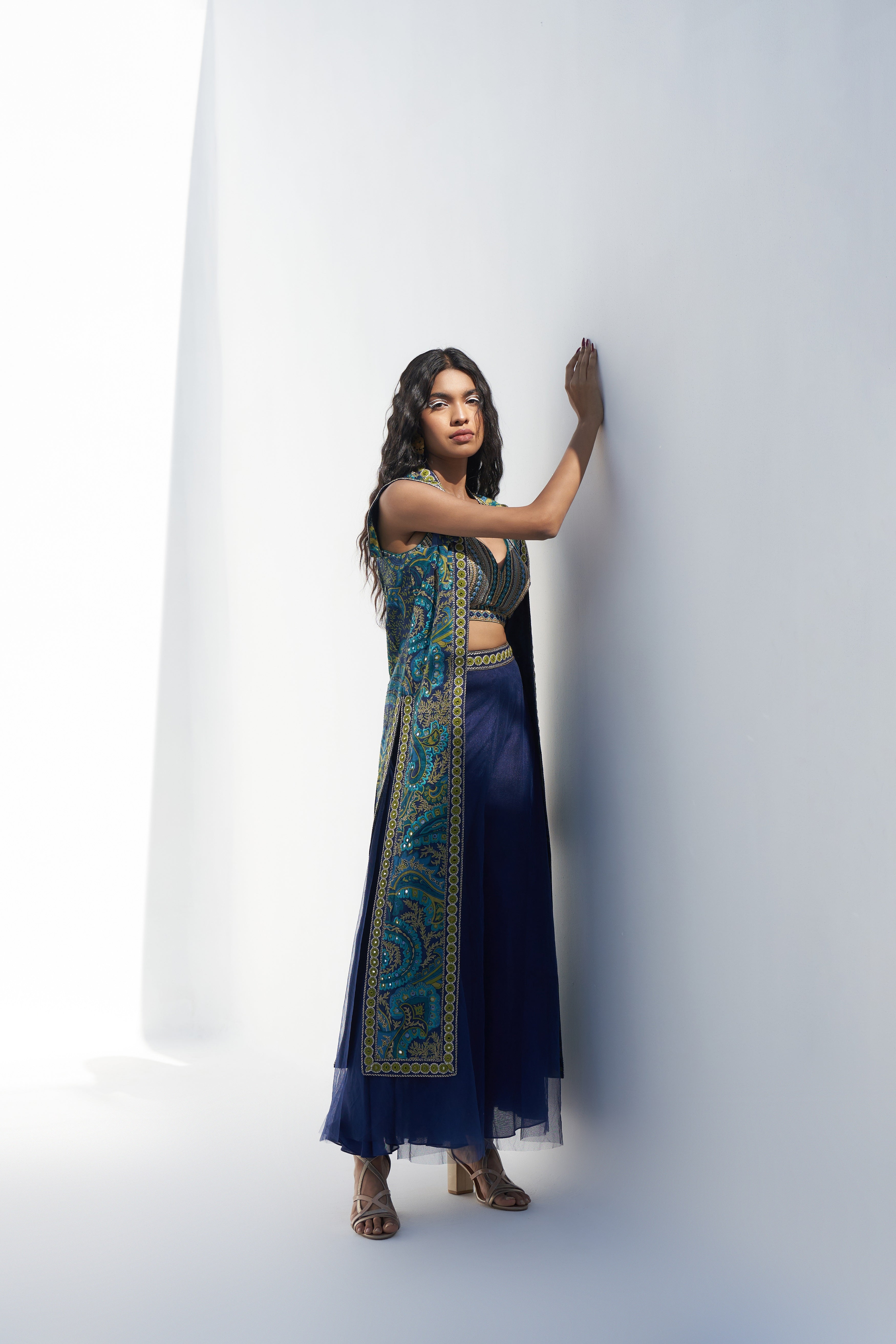 Blue-Green Printed Sleeveless Jacket