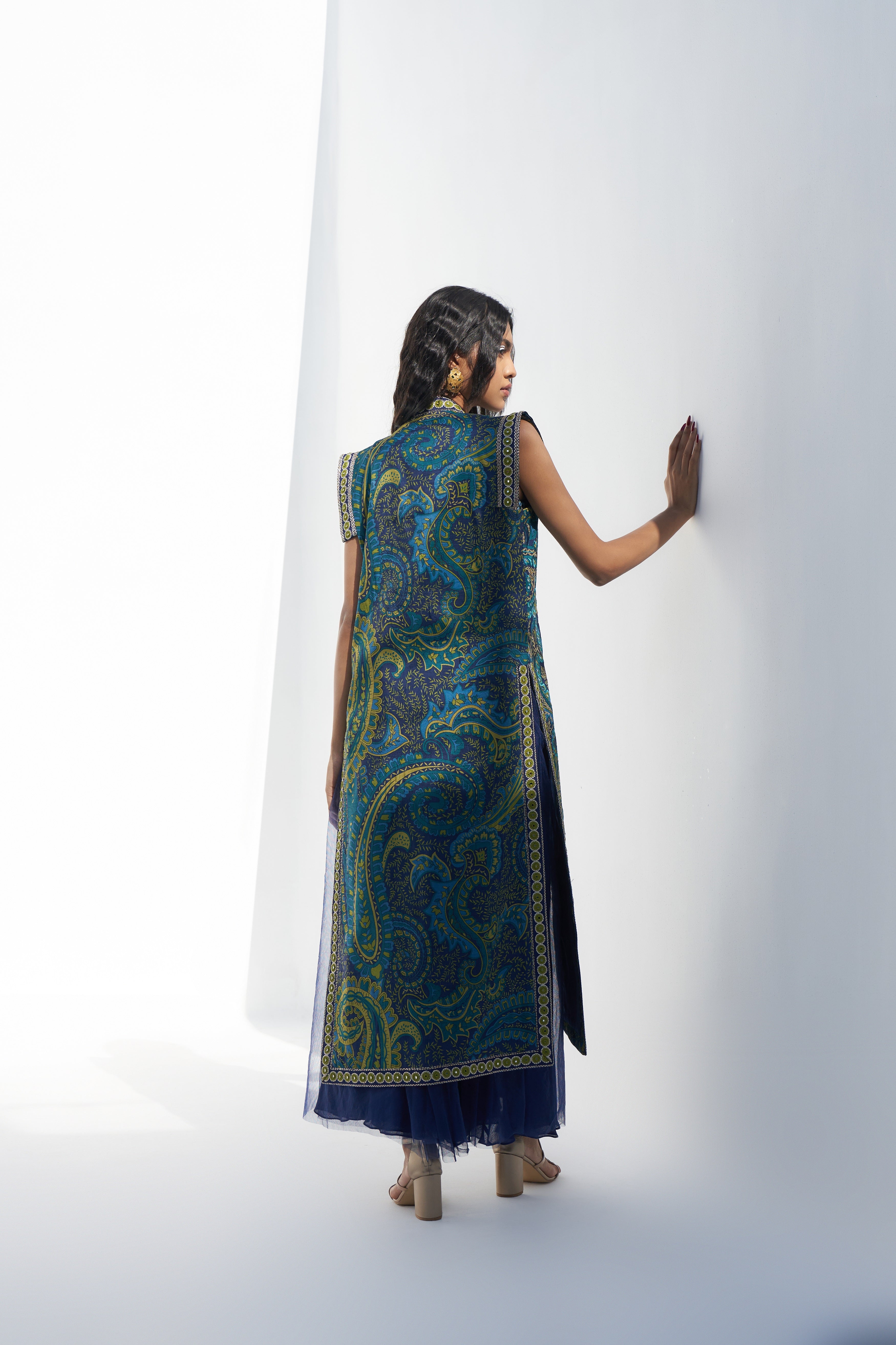 Blue-Green Printed Sleeveless Jacket Backview