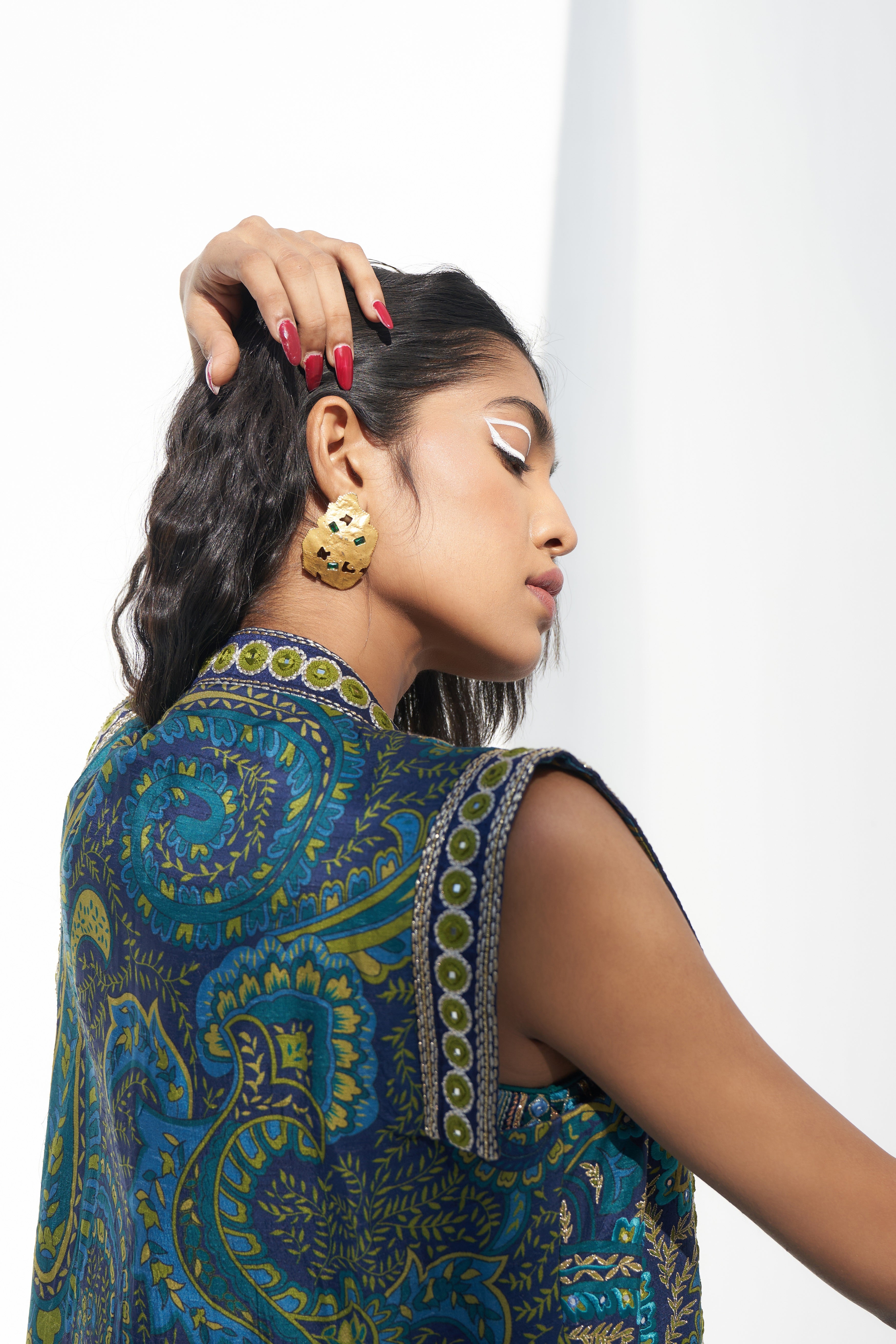 Blue-Green Printed Sleeveless Jacket