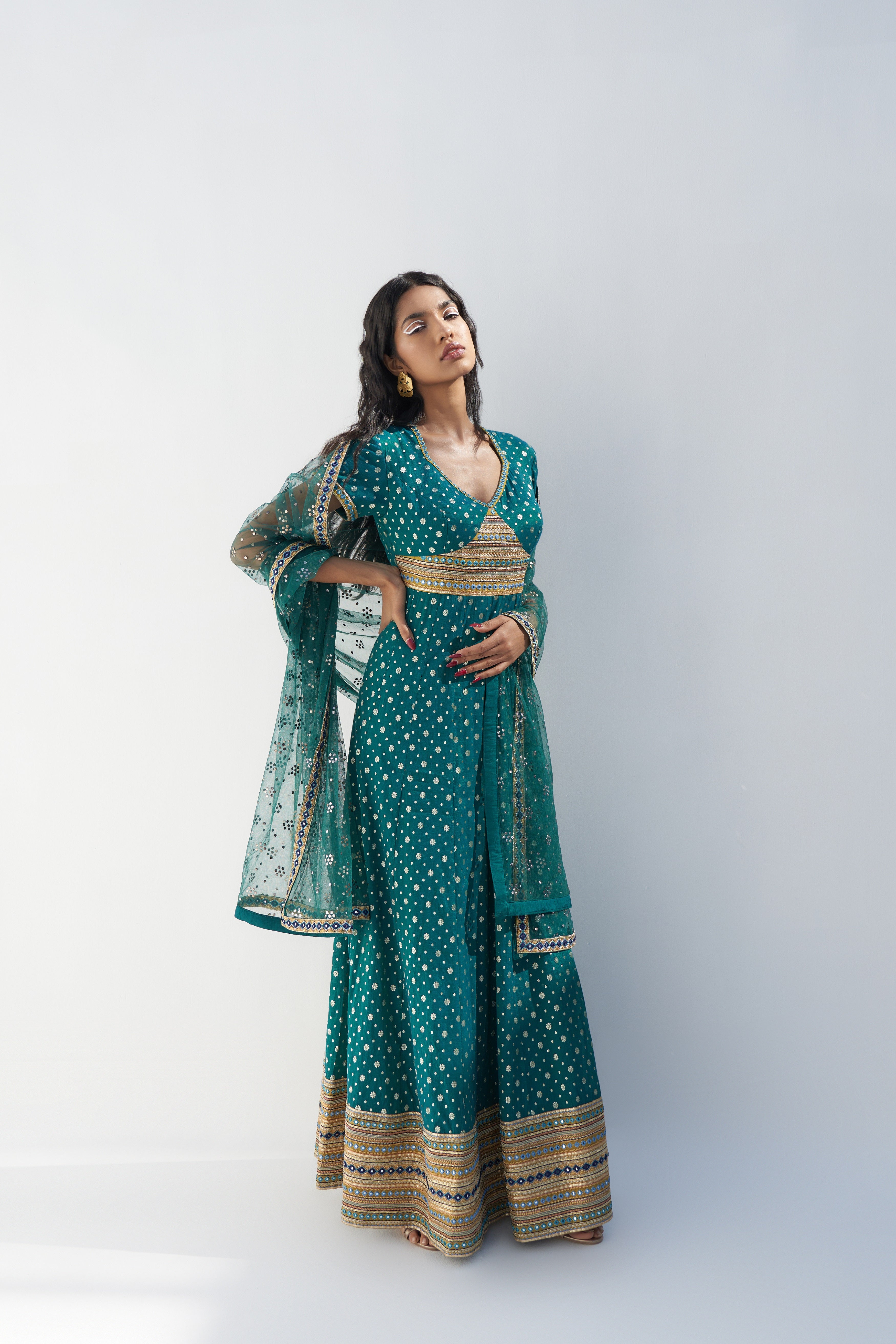 Emerald Green Dupion Paisley Printed Midi Dress