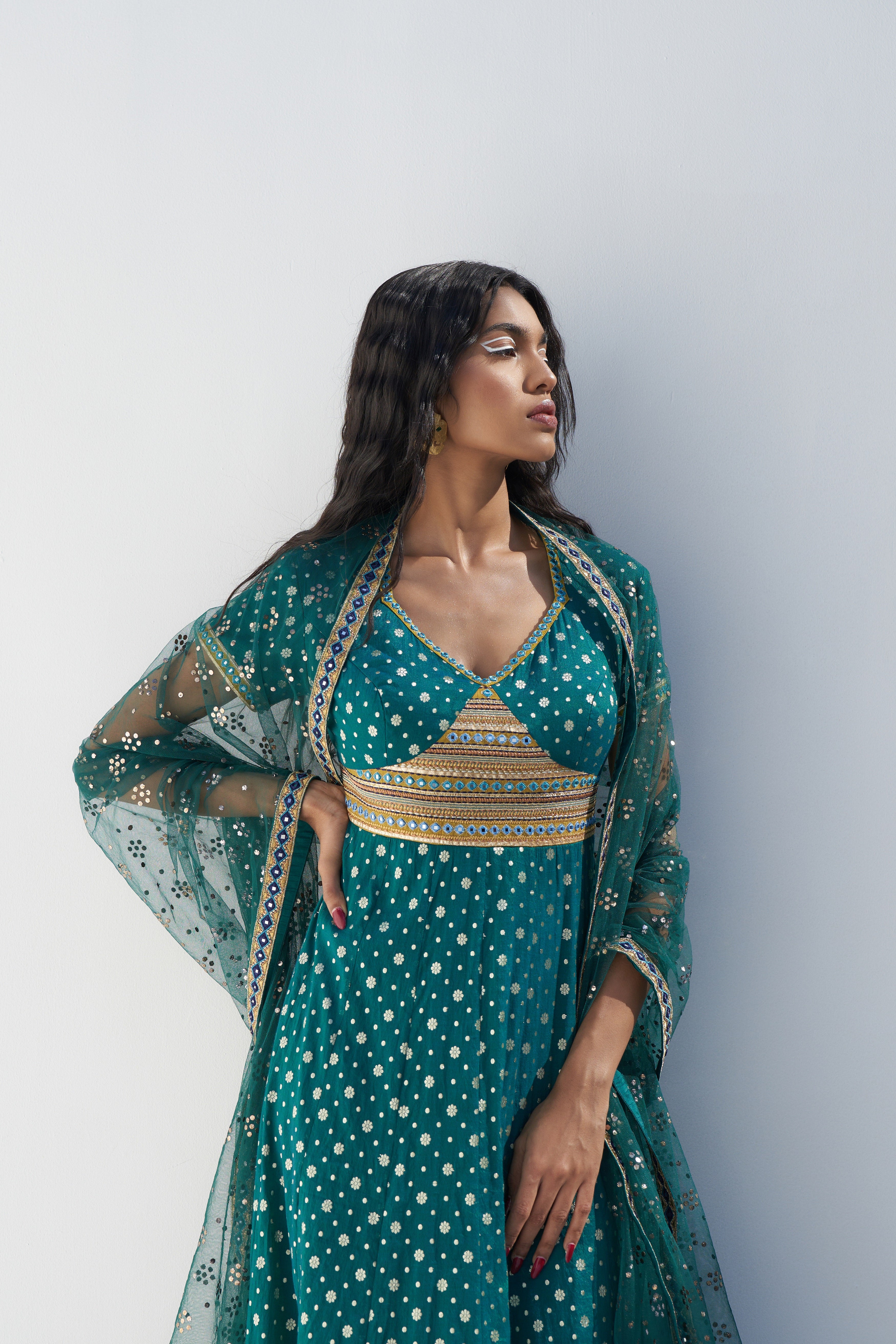 Emerald Green Dupion Paisley Printed Midi Dress closeview