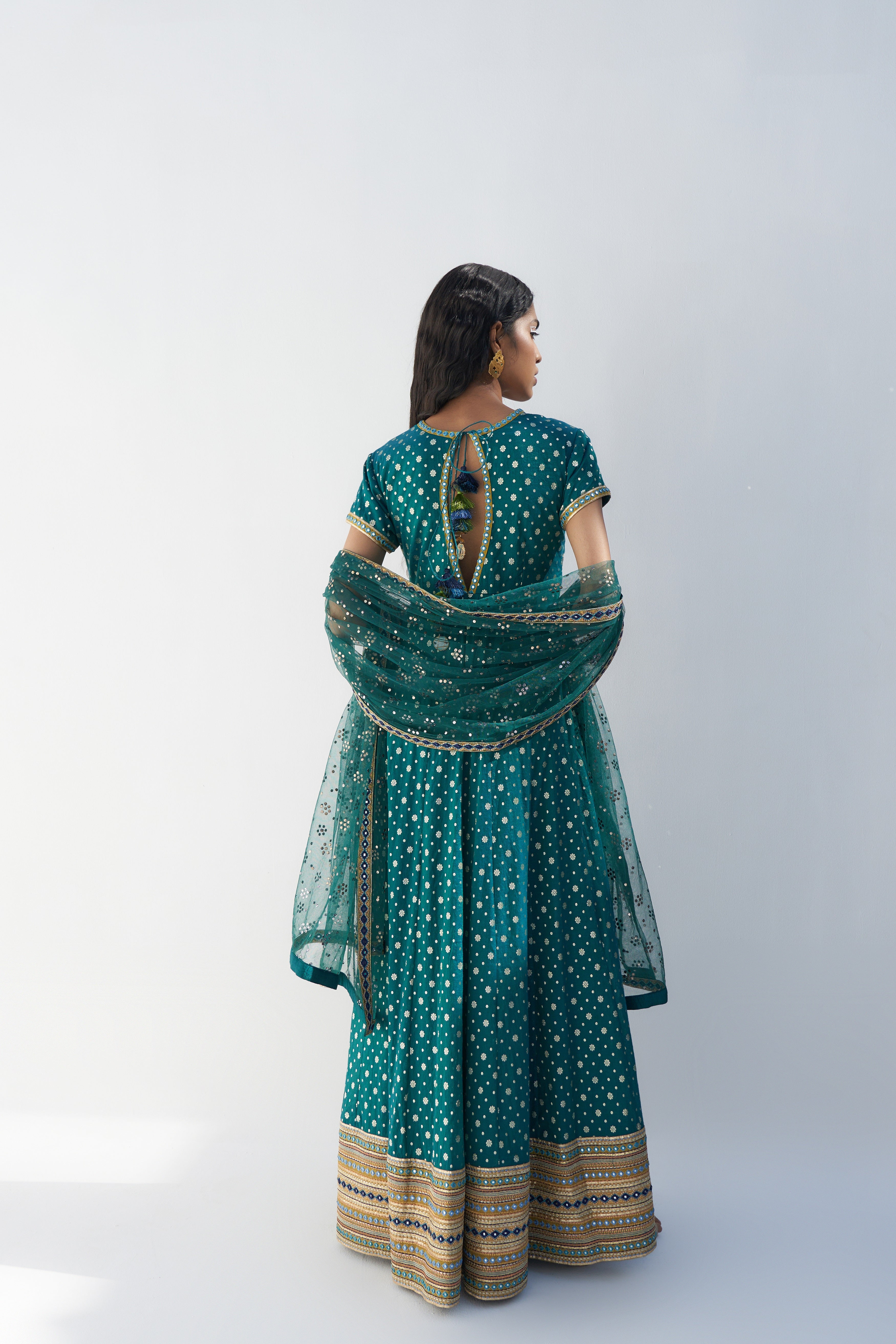 Emerald Green Dupion Paisley Printed Midi Dress Backview