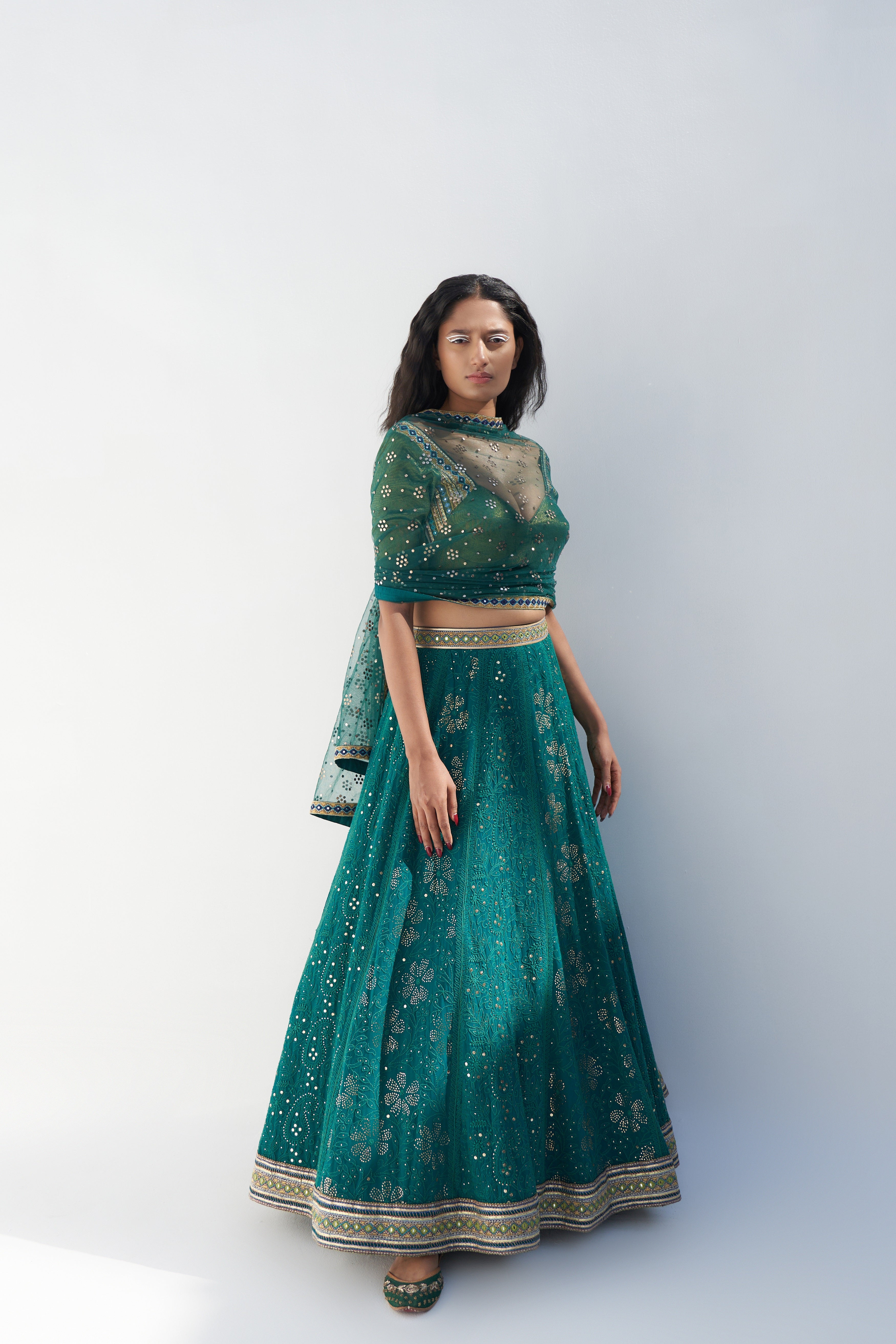 Emerald Green Chikankari Lehenga Set frontview