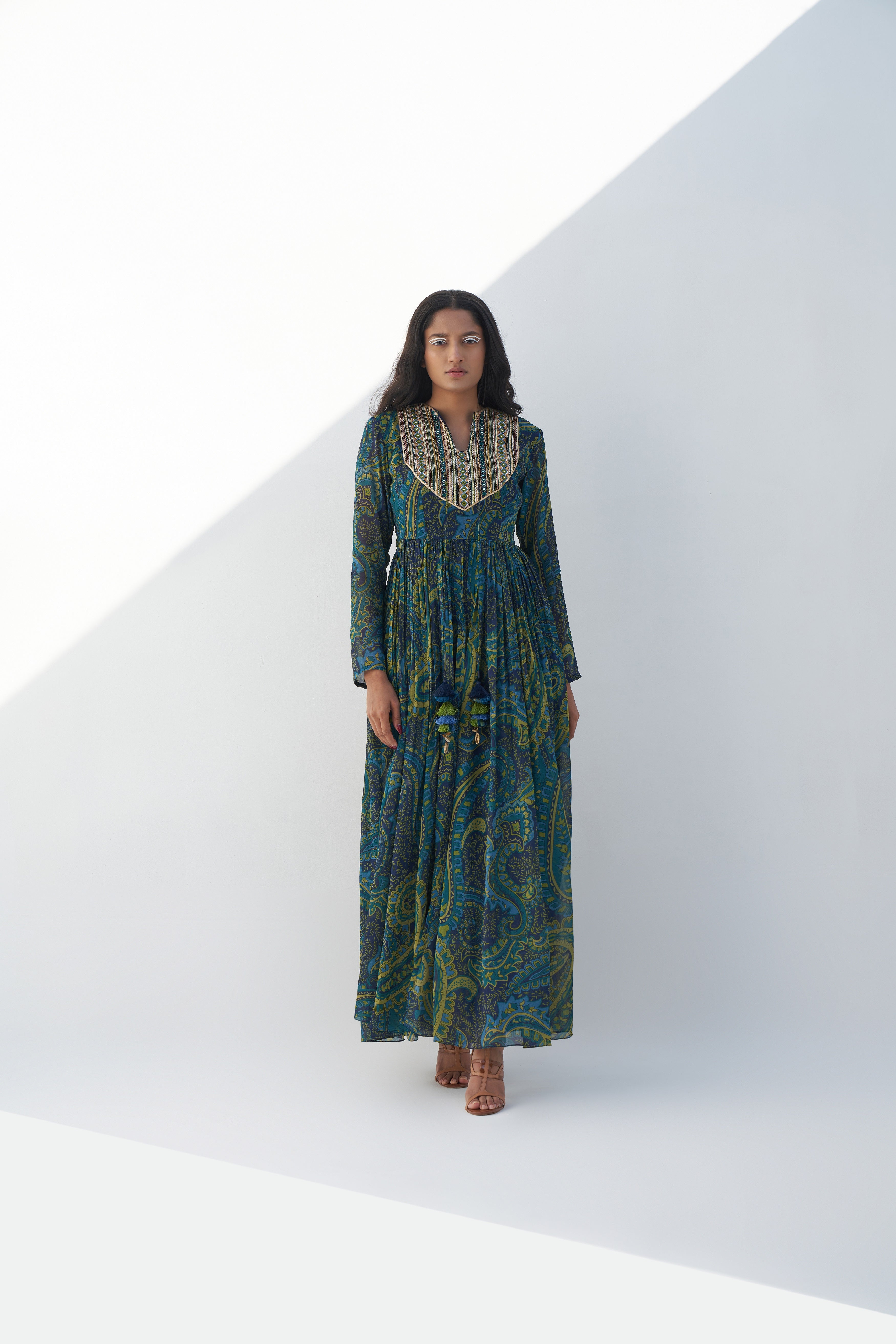 Blue & Green Georgette Paisley Printed Maxi Dress