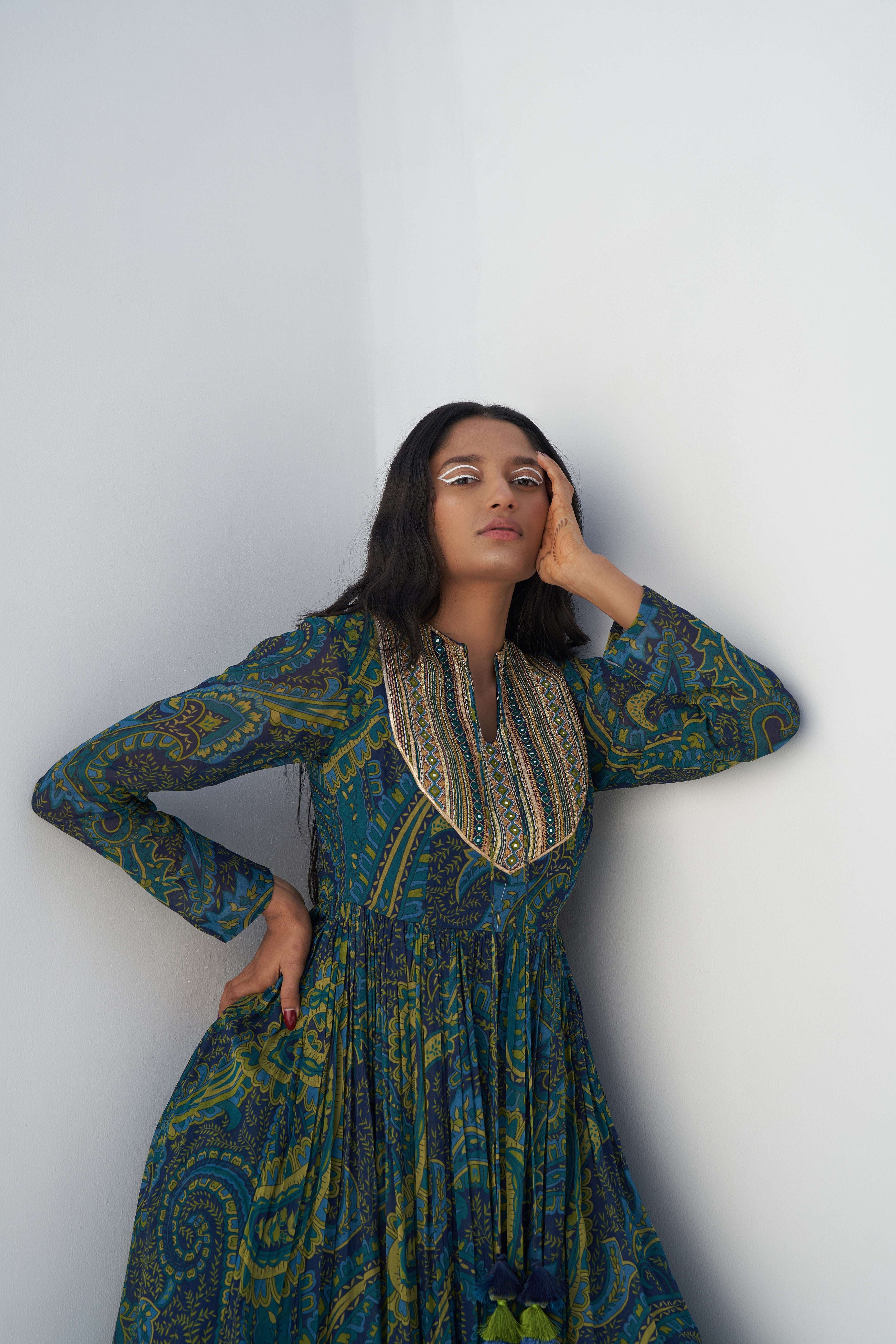 Blue & Green Georgette Paisley Printed Maxi Dress Closeview