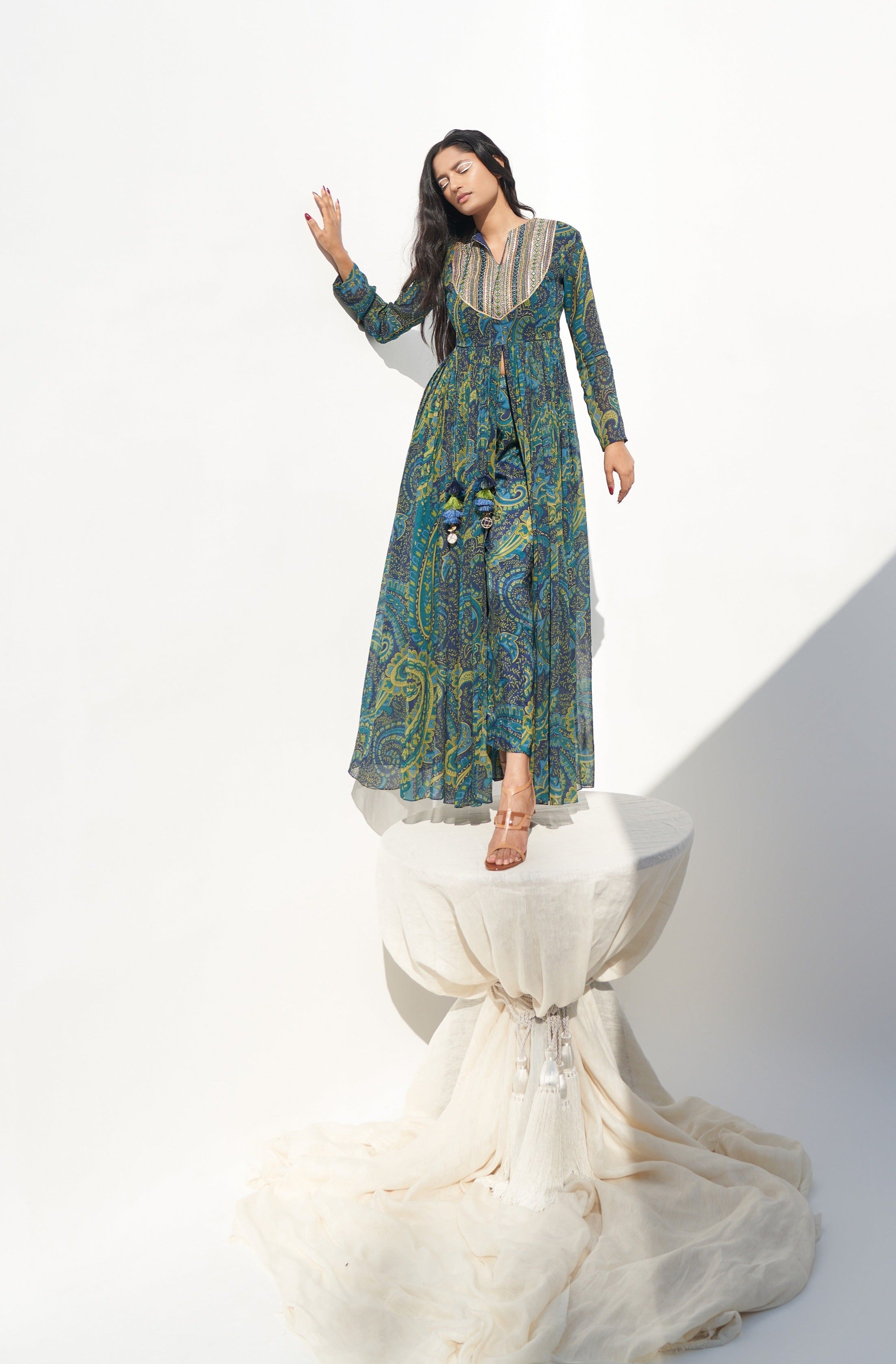 Green Printed Dupion Pants