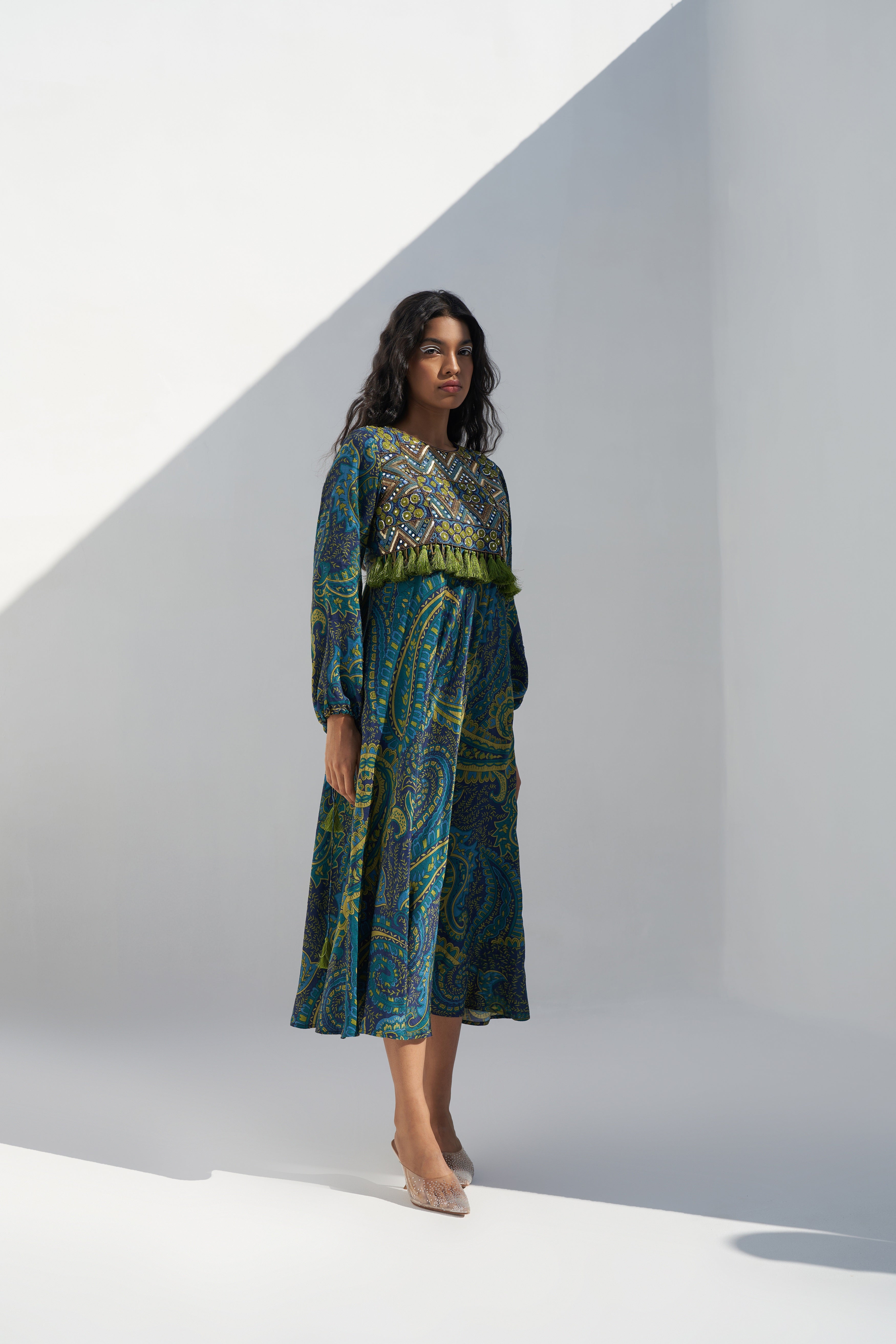 Emerald Green Dupion Paisley Printed Midi Dress sideview