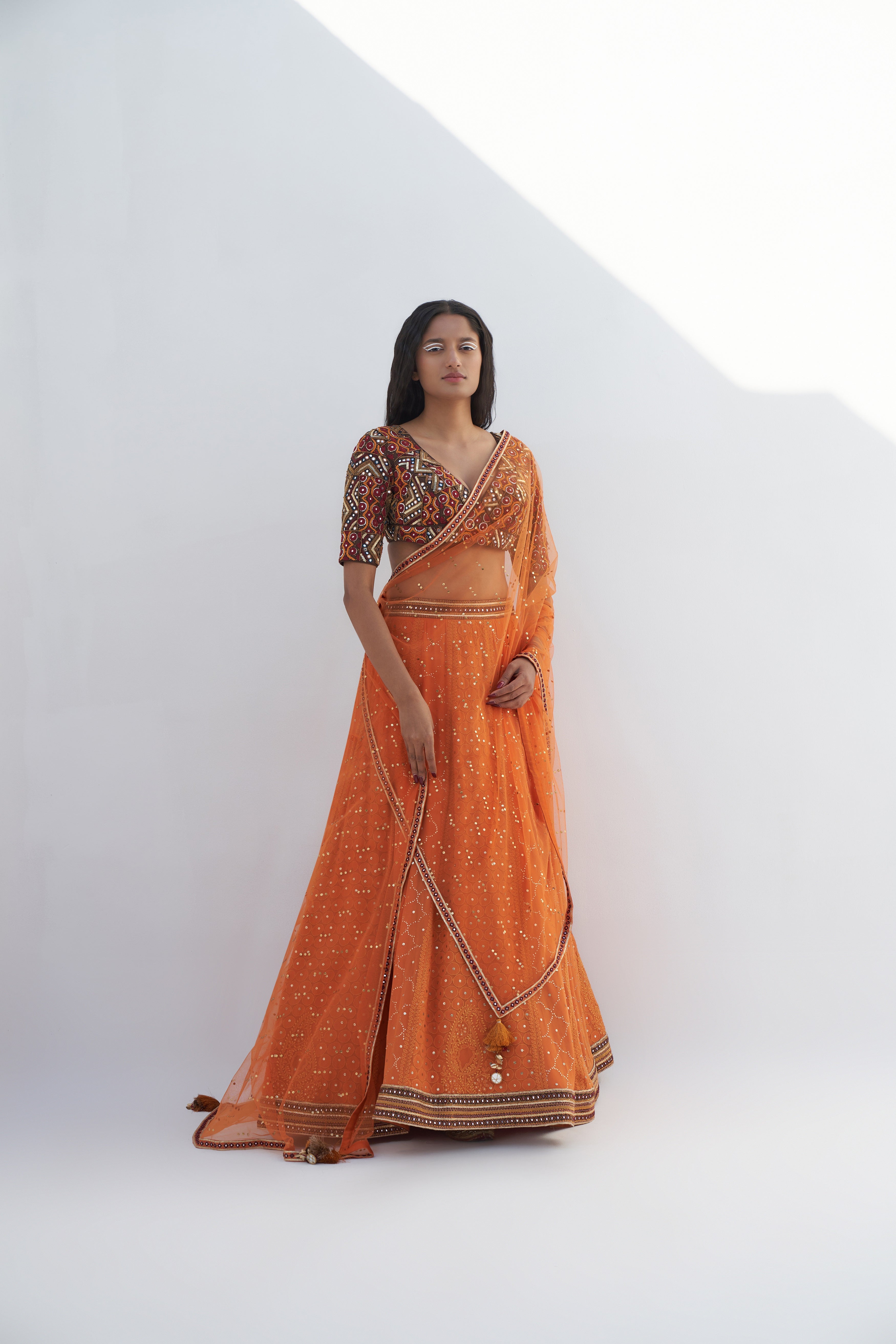 Orange Chikankari Embroidered Lehenga Set