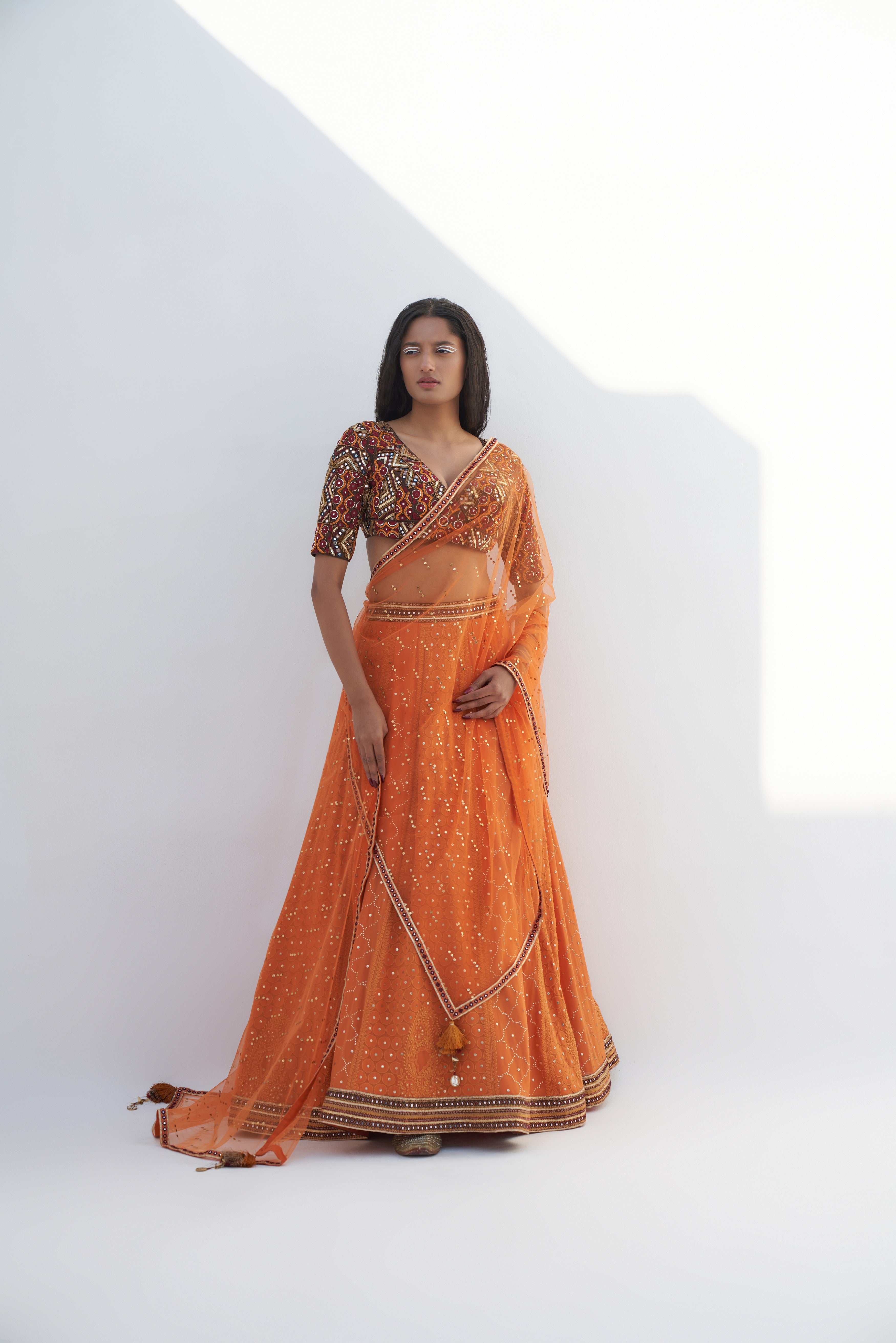 Orange Chikankari Embroidered Lehenga Set Frontview
