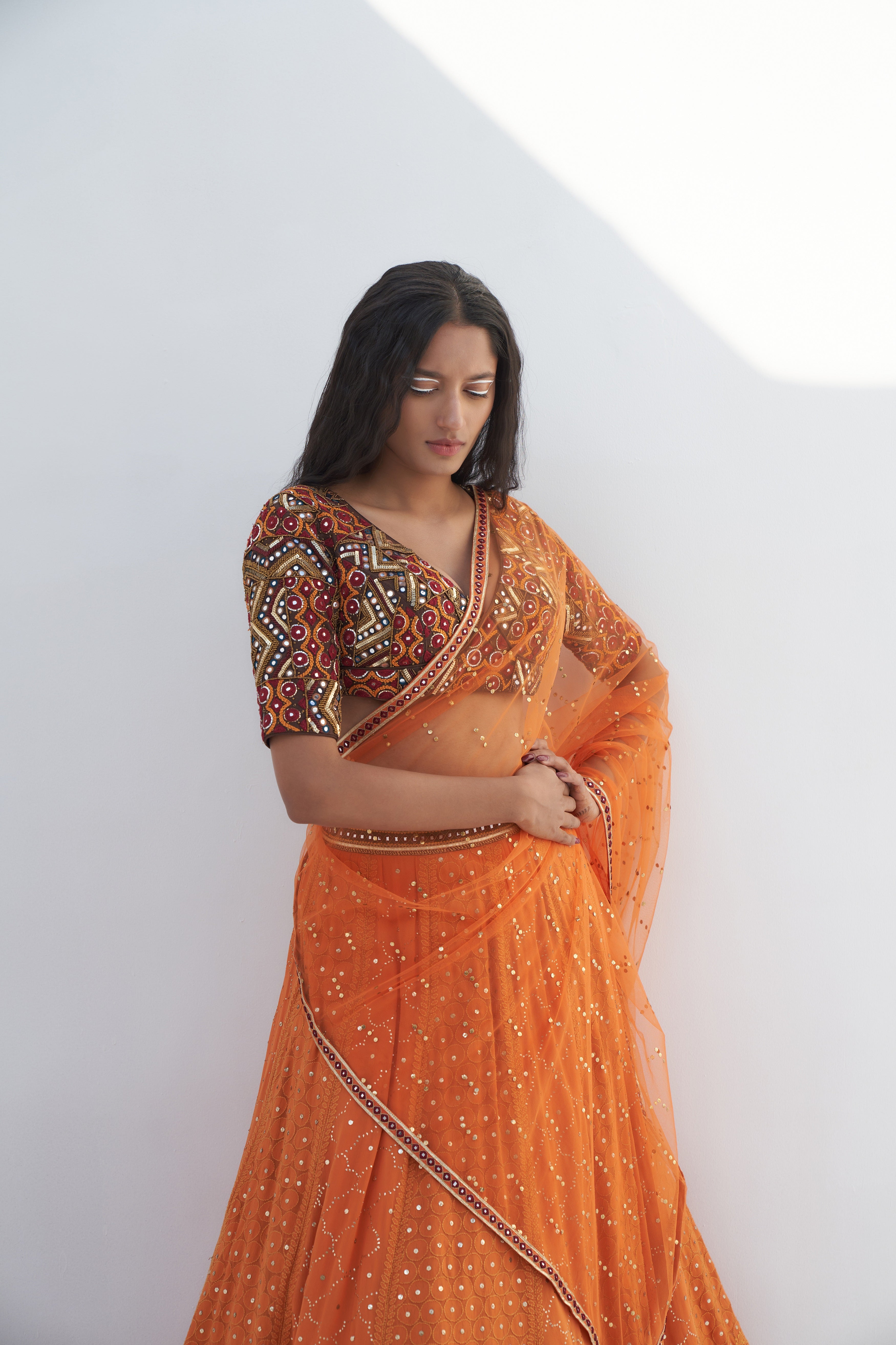 Orange Chikankari Embroidered Lehenga Set