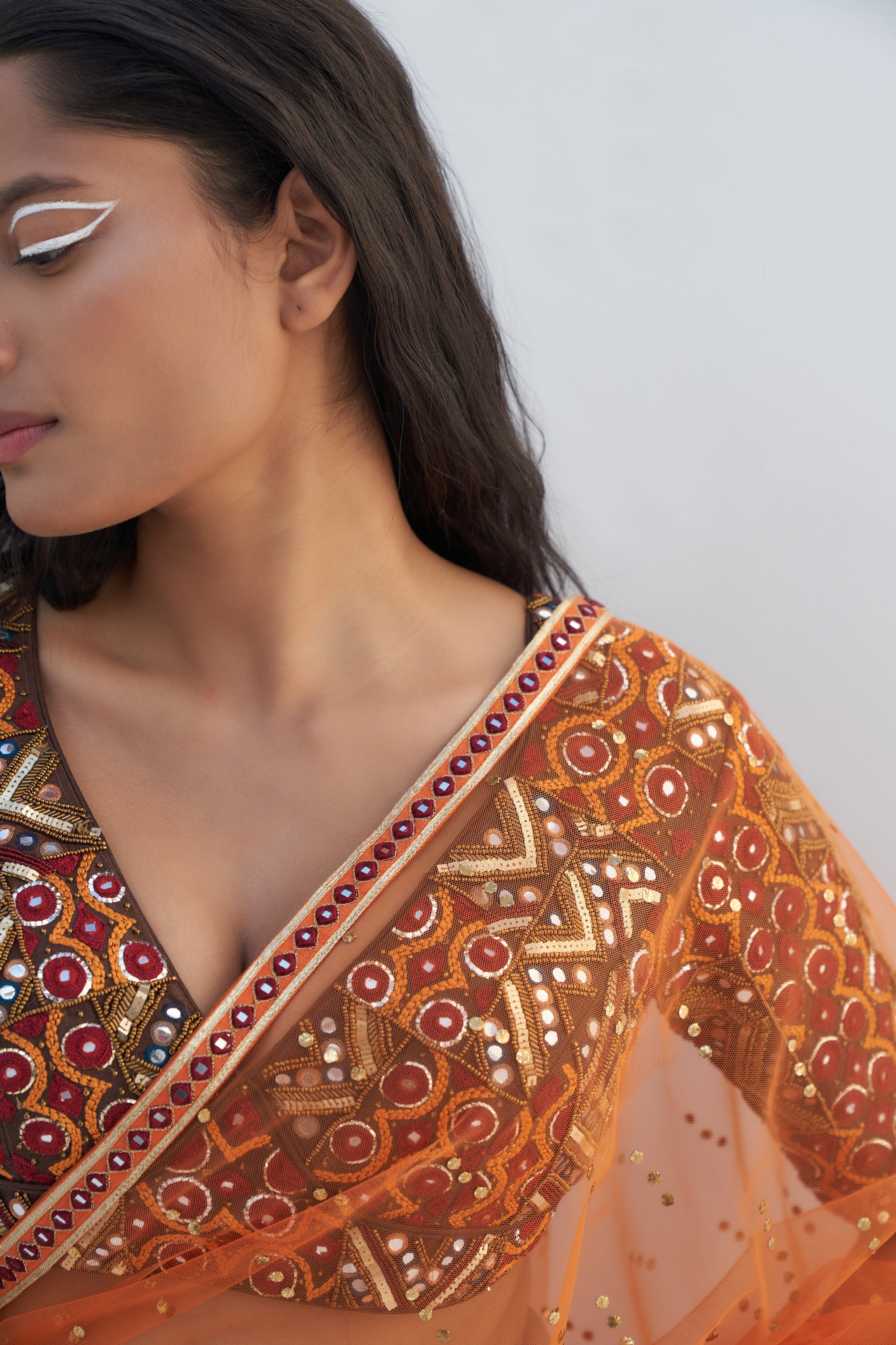 Orange Chikankari Embroidered Lehenga Set Closeview