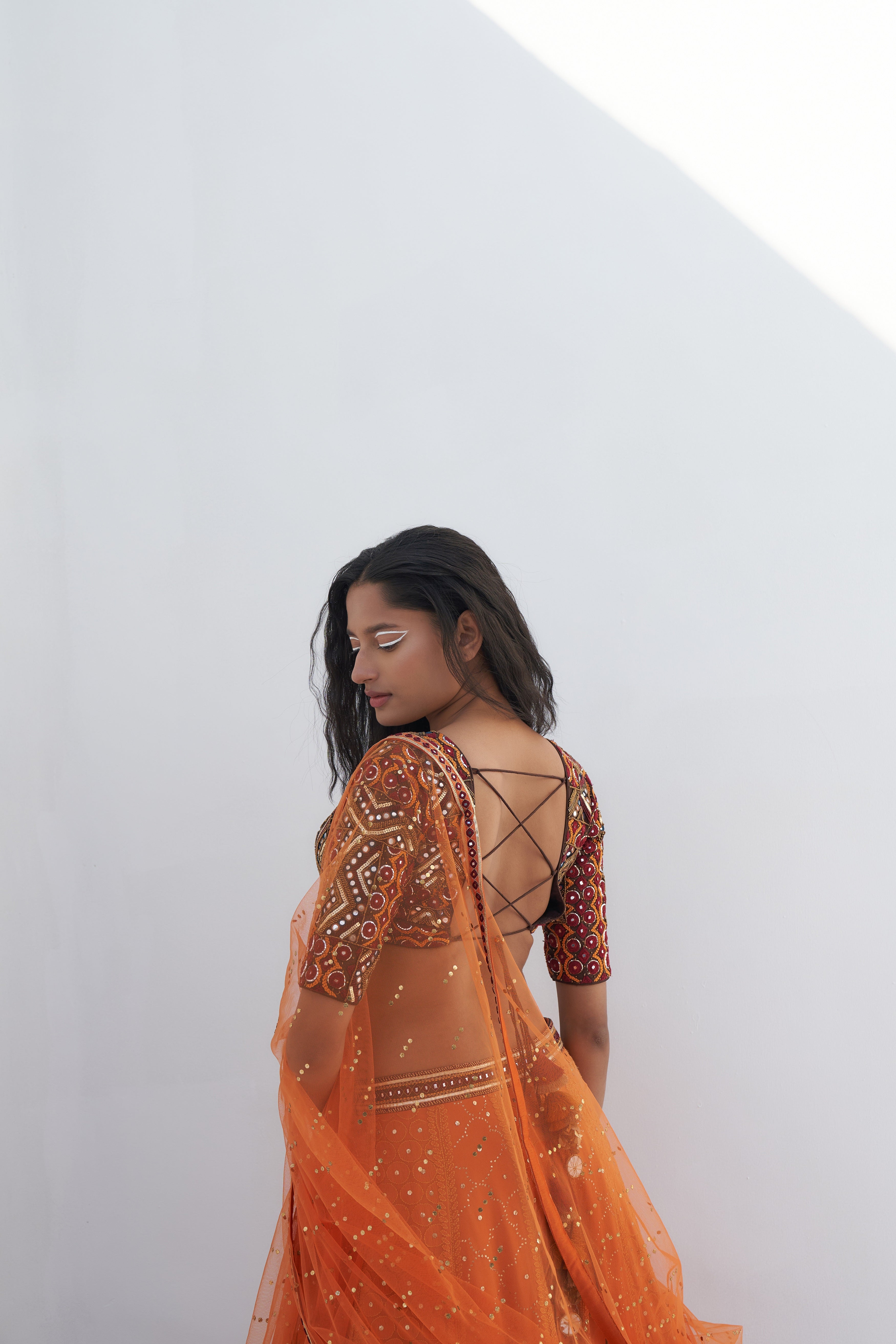 Orange Chikankari Embroidered Lehenga Set Backview