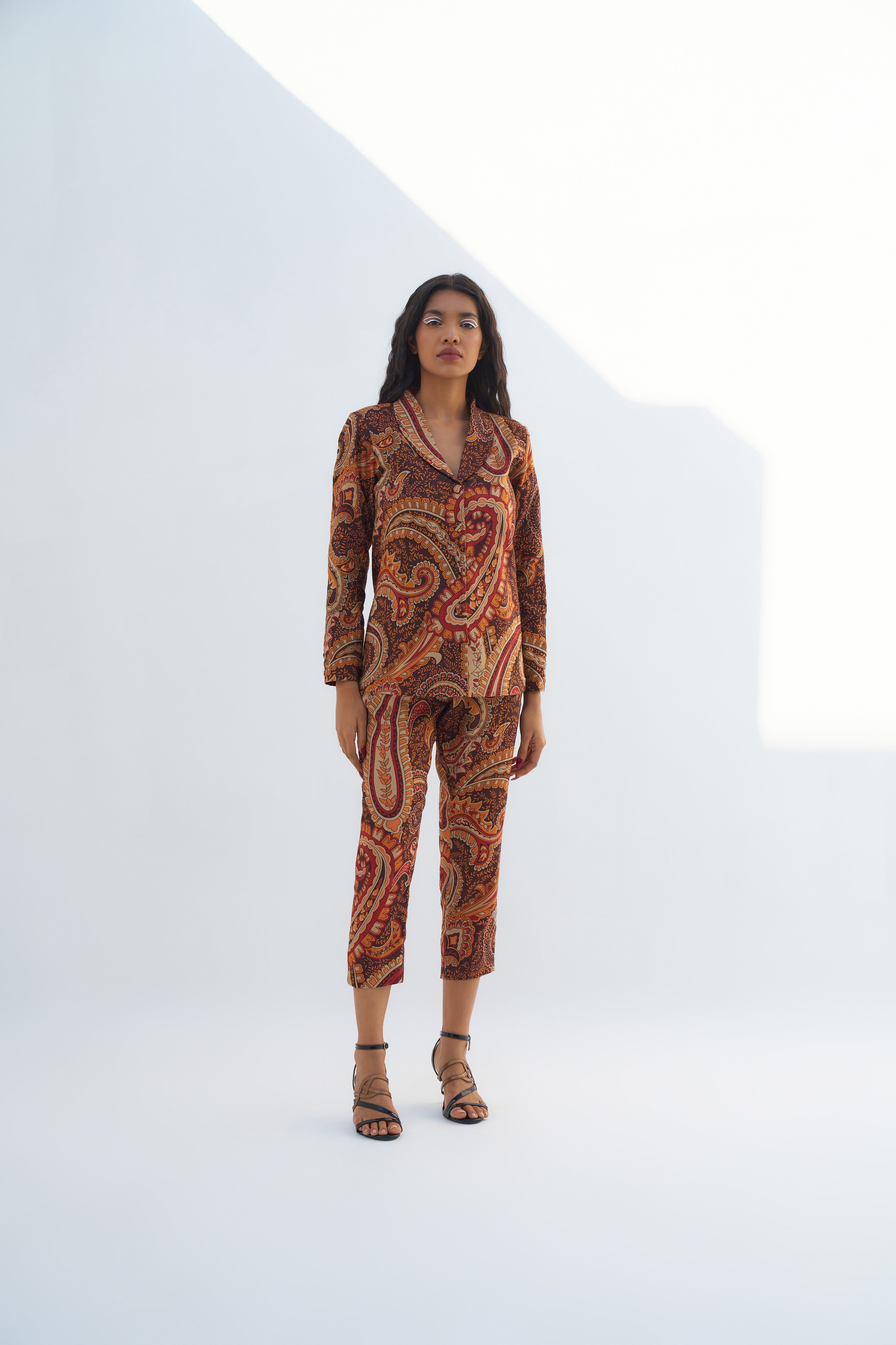 Brown Dupion Paisley Printed Blazer Set