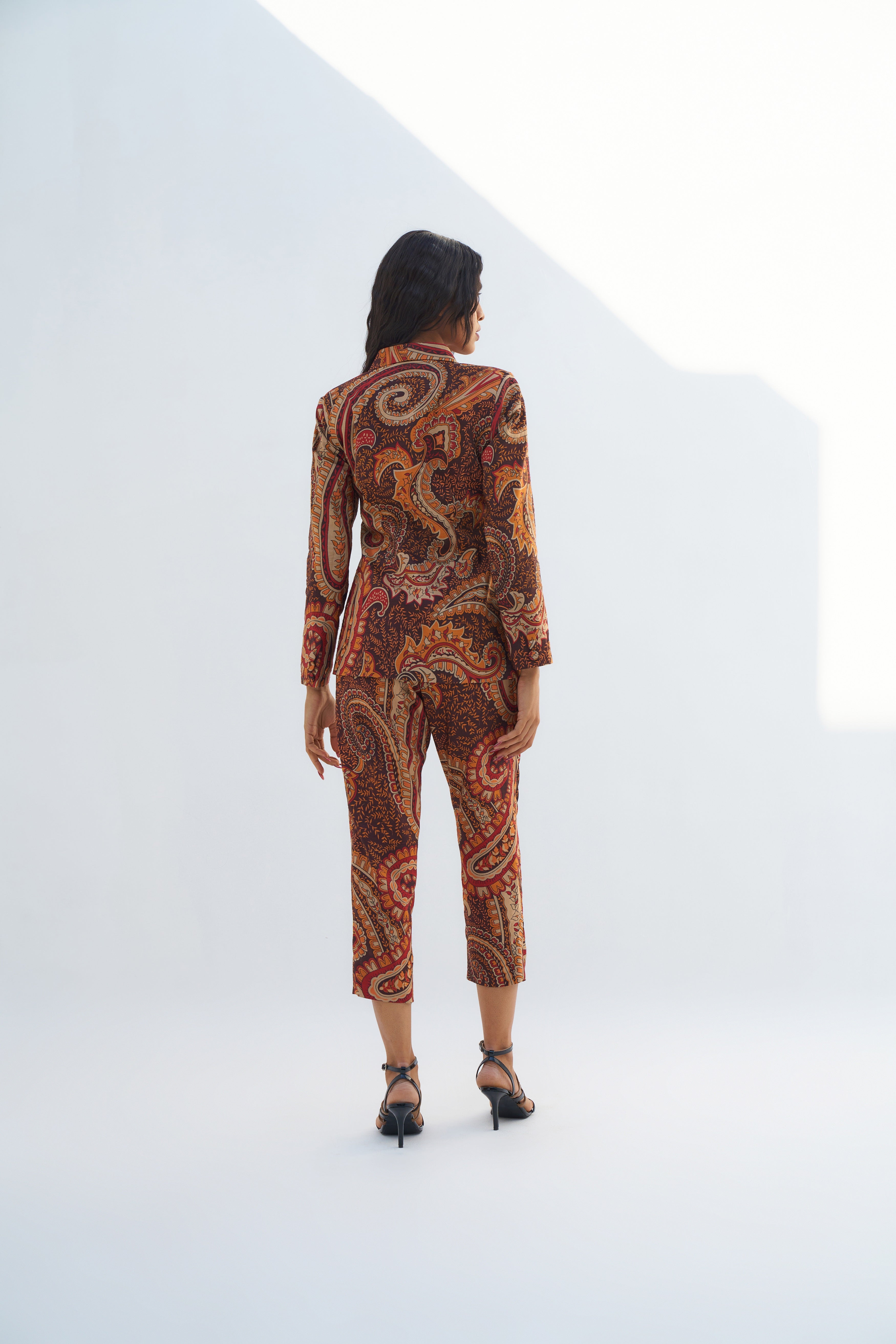 Brown Dupion Paisley Printed Blazer Set Backview