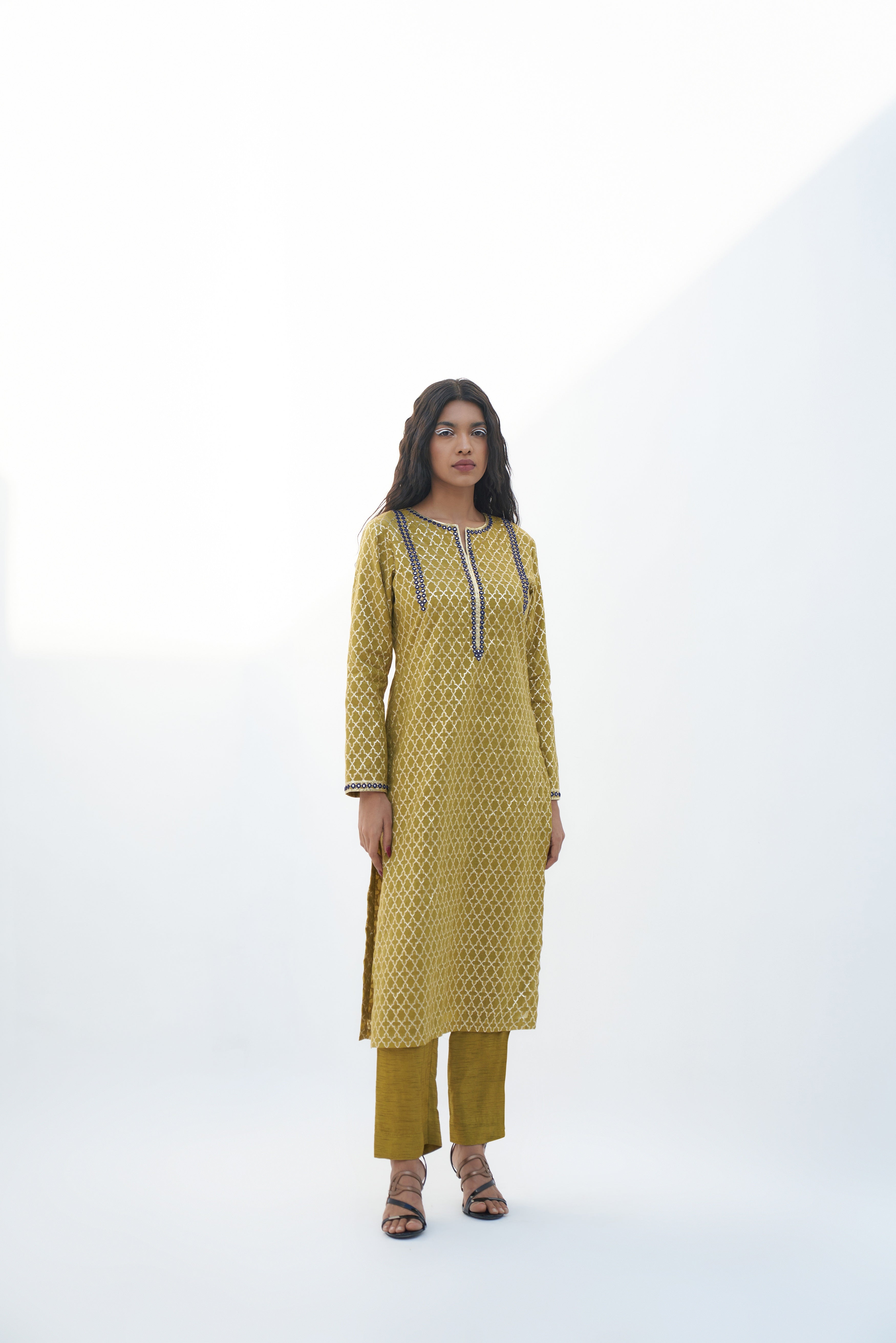 Acid Green Chanderi Jacquard Zari Embroidered Kurta Set Frontview