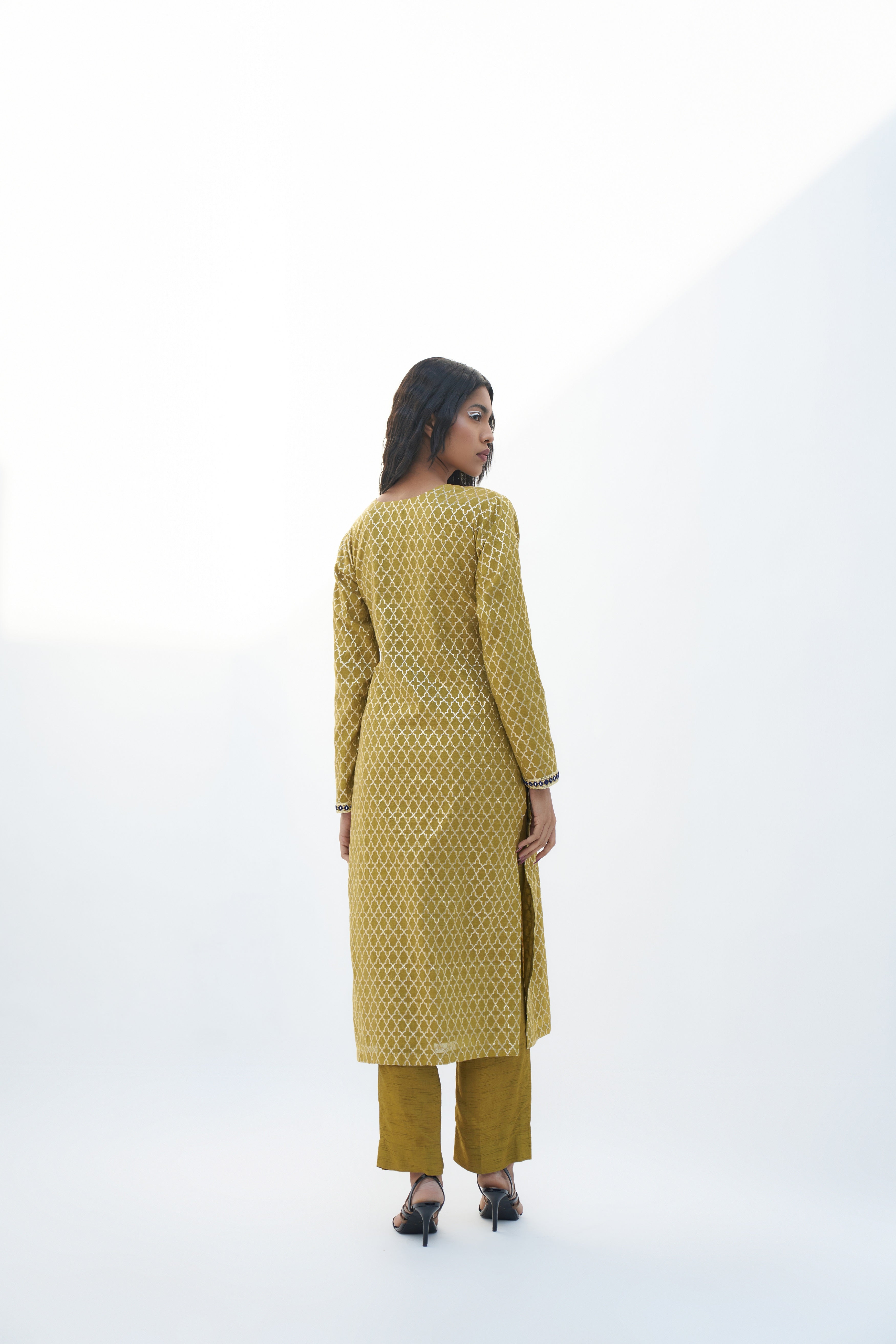 Acid Green Chanderi Jacquard Zari Embroidered Kurta Set Backview