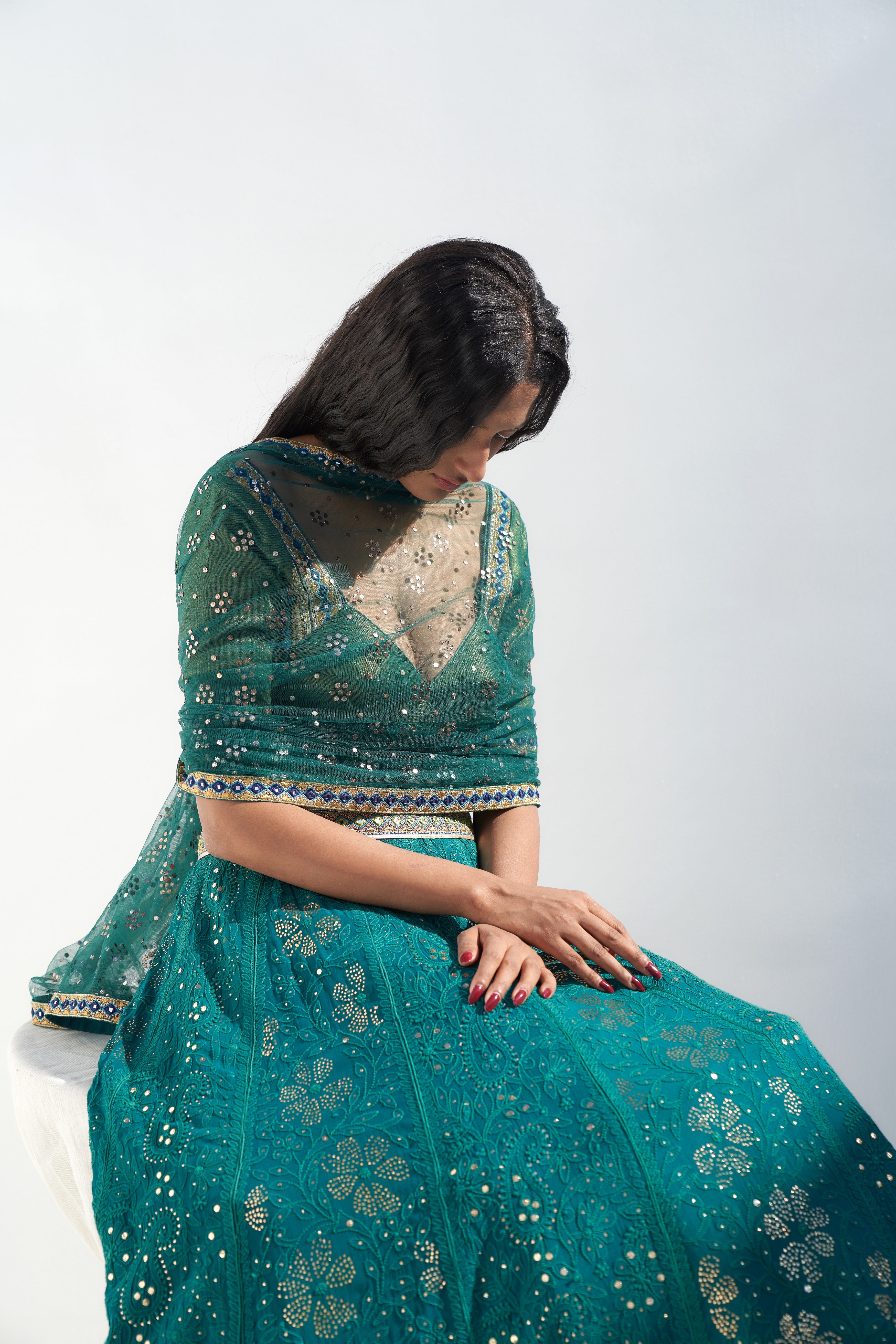 Emerald Green Chikankari Lehenga Set closeview