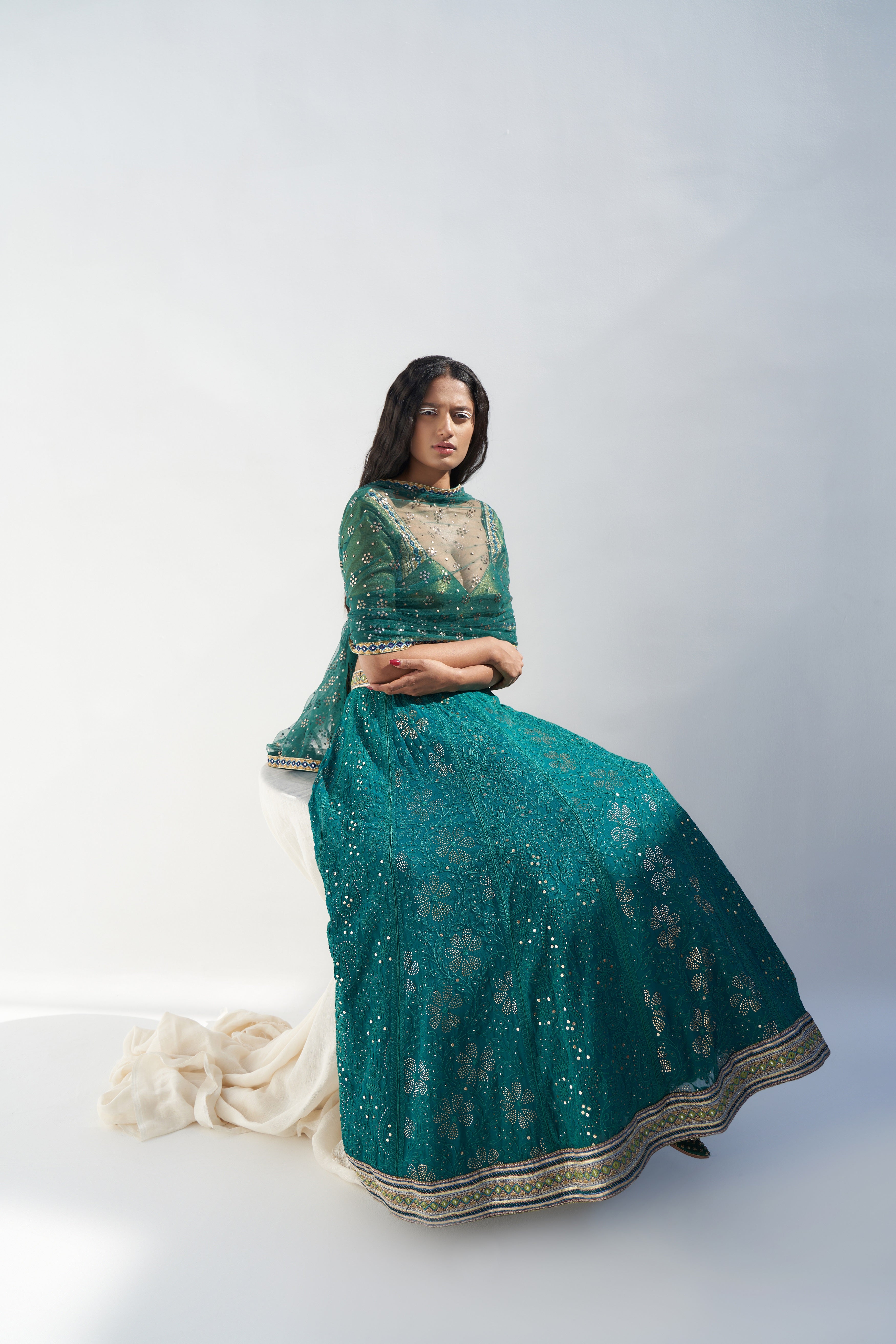 Emerald Green Chikankari Lehenga Set