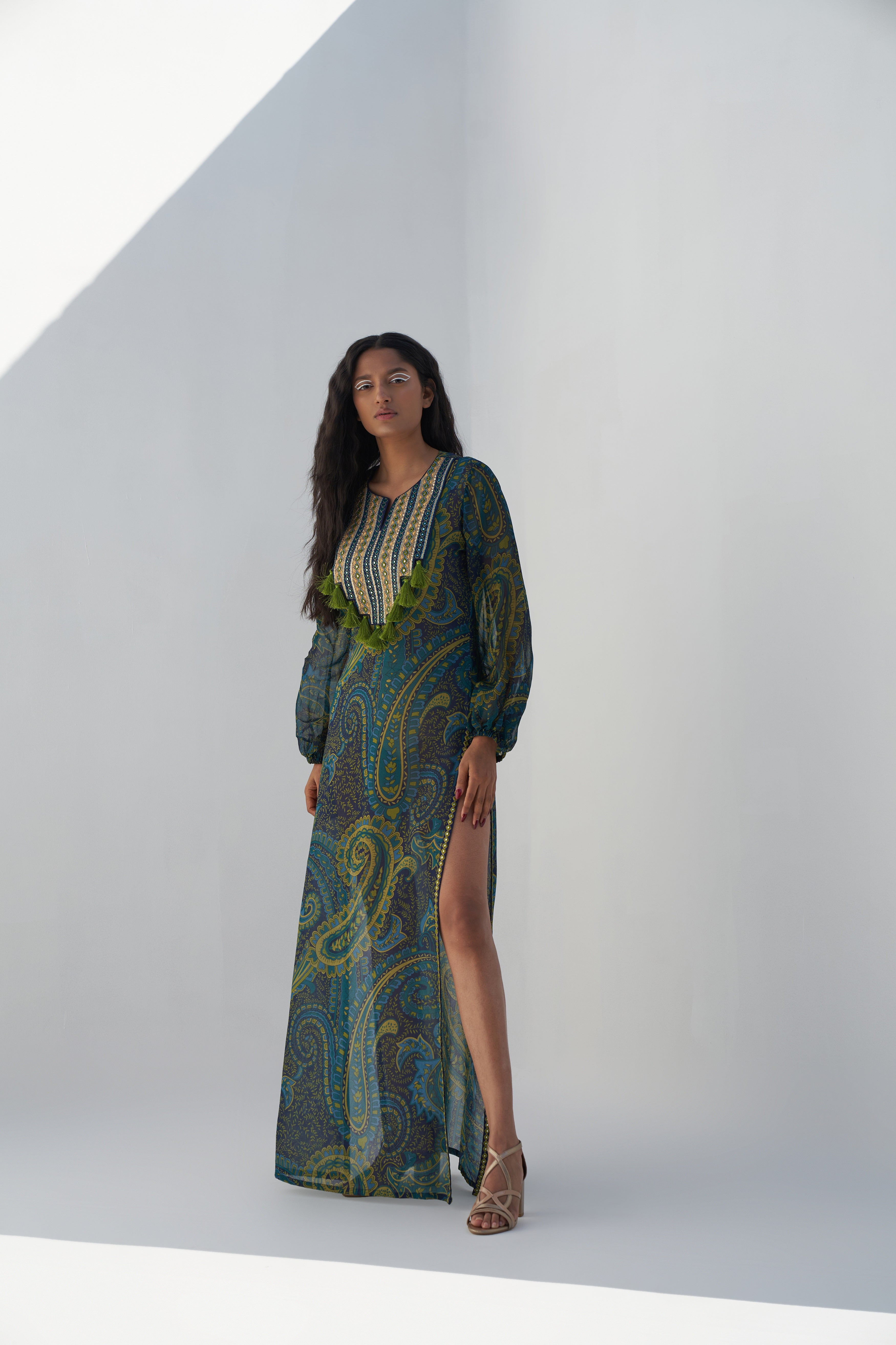 Emerald Green Georgette Paisley Printed Kaftan frontview