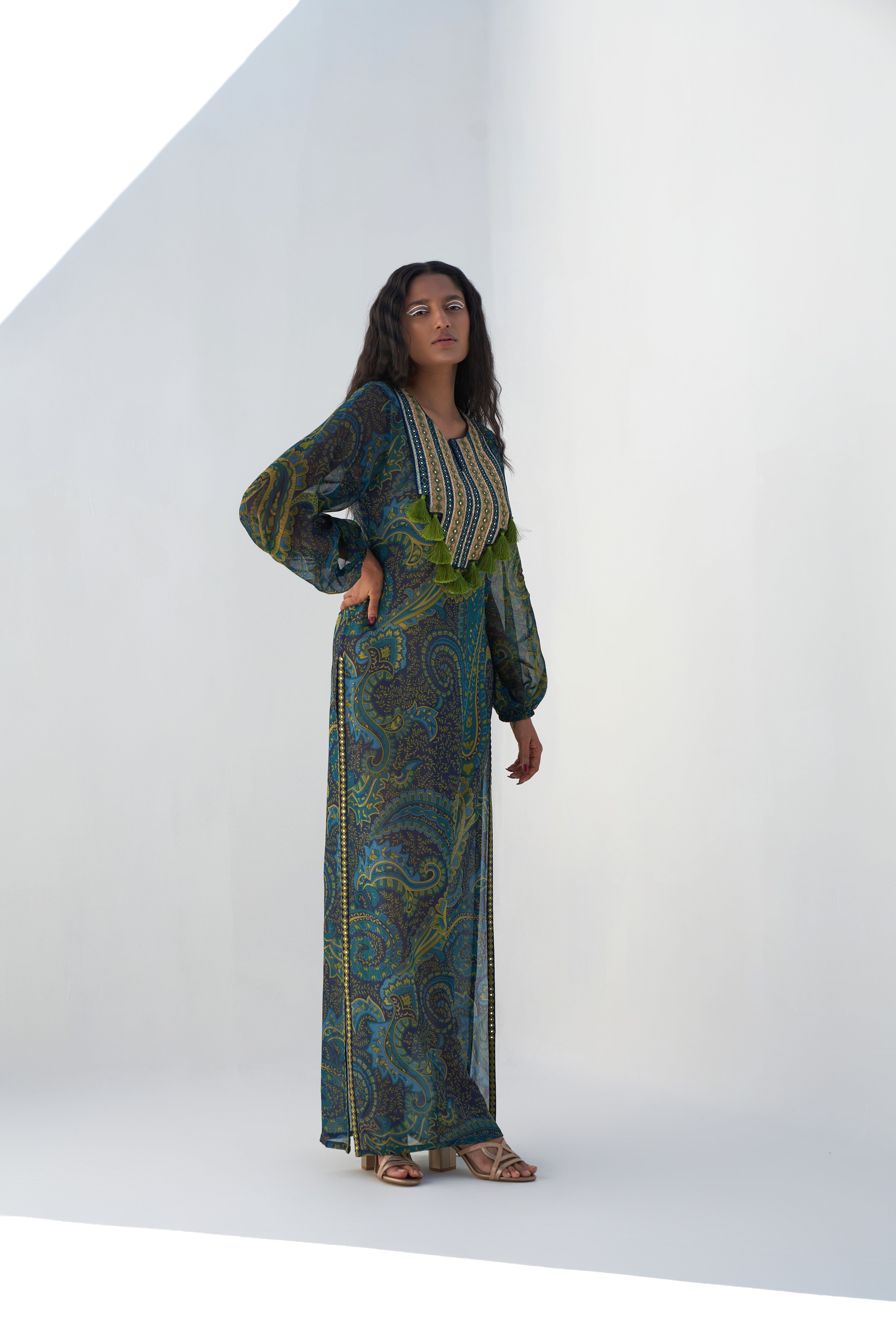 Emerald Green Georgette Paisley Printed Kaftan
