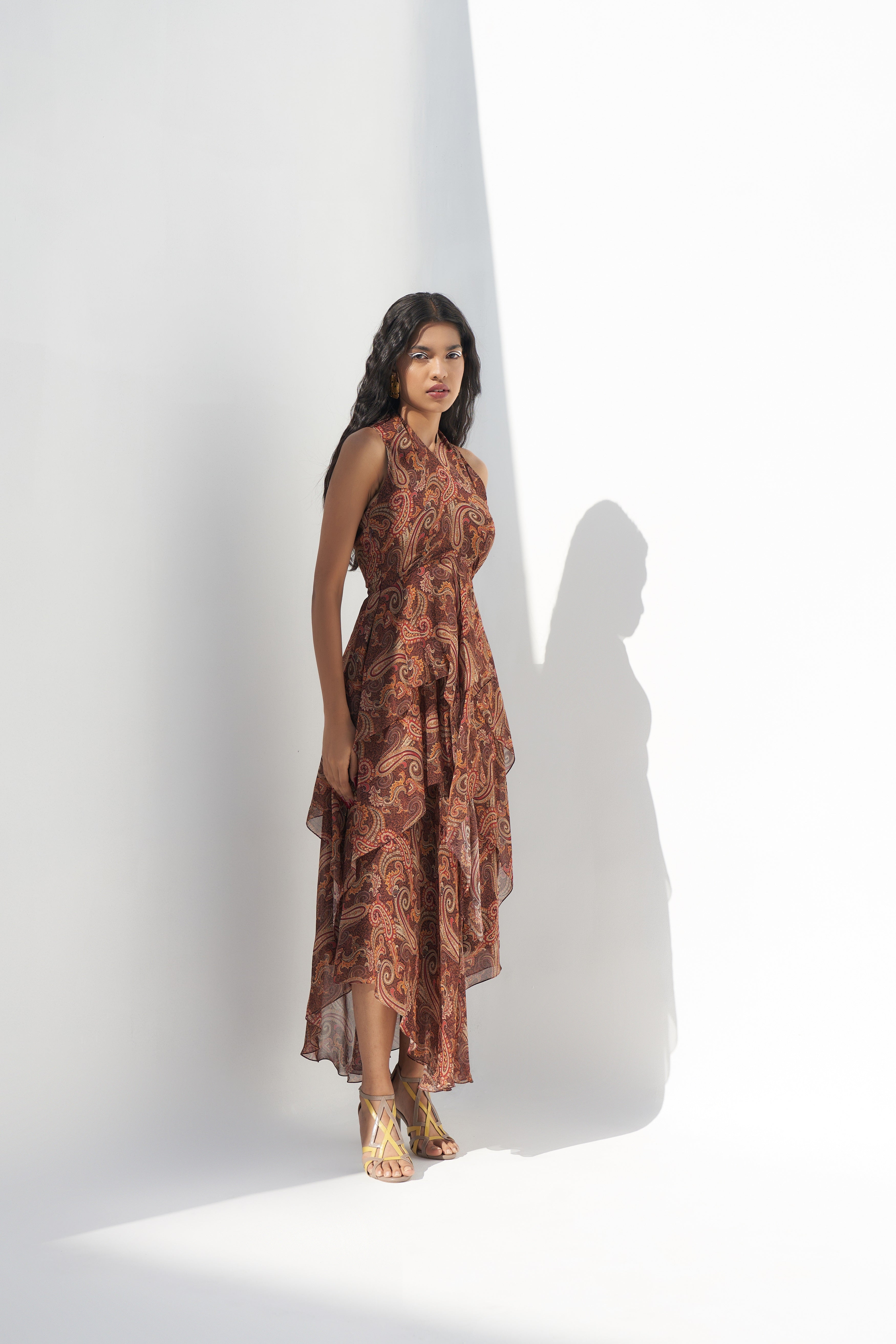 Brown Georgette Printed Ruffled Dress