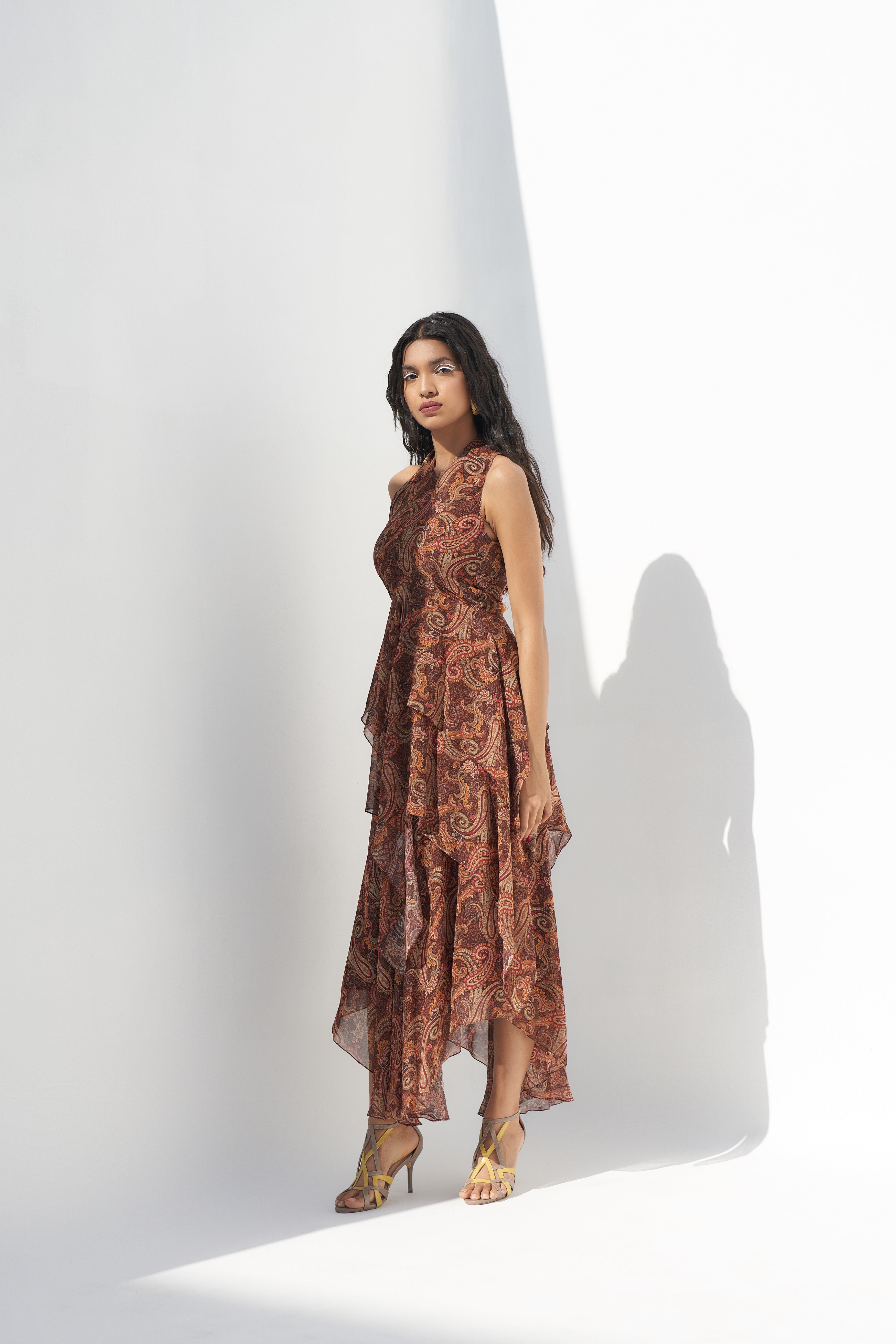 Brown Georgette Printed Ruffled Dress Sideview