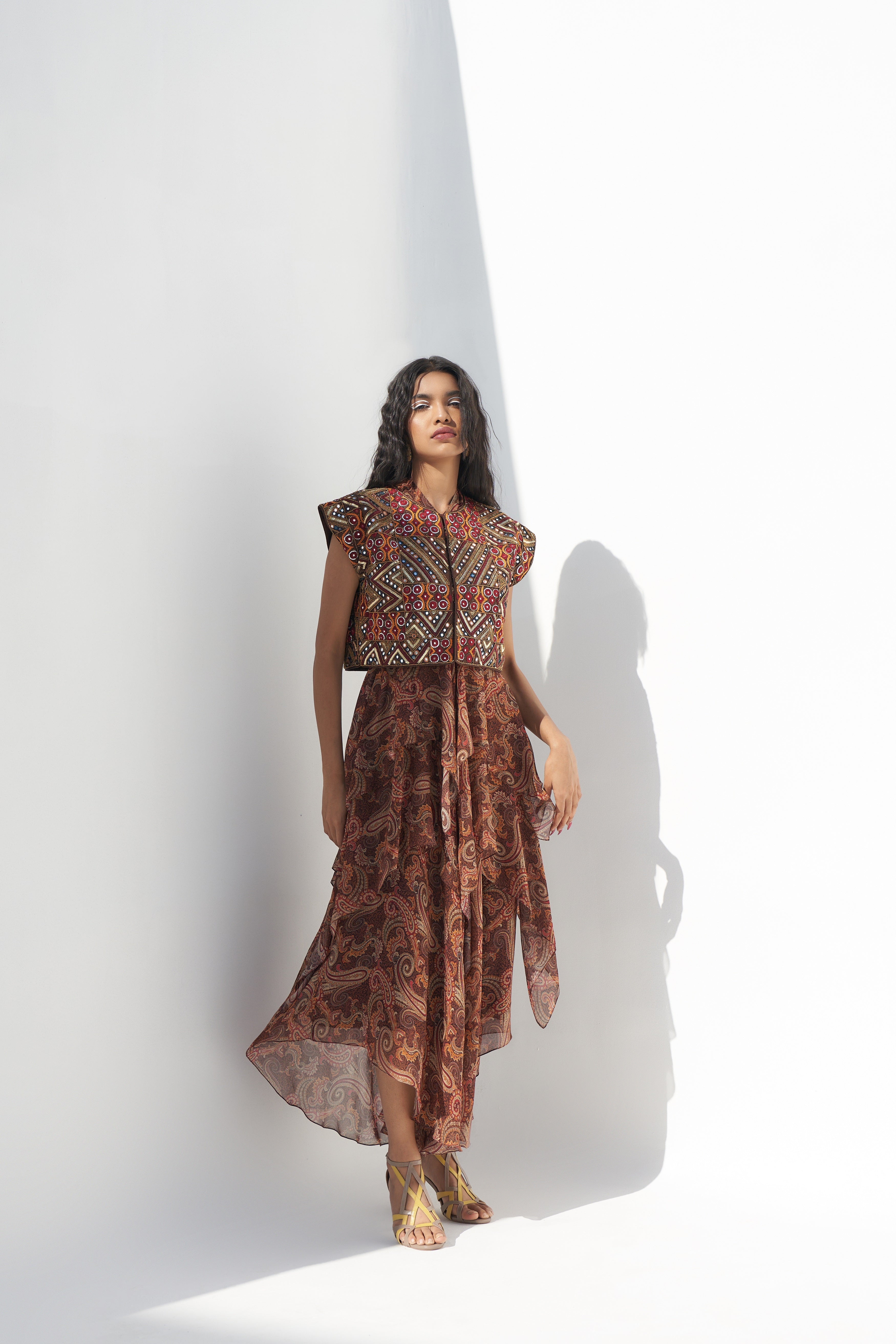 Brown Georgette Printed Ruffled Dress