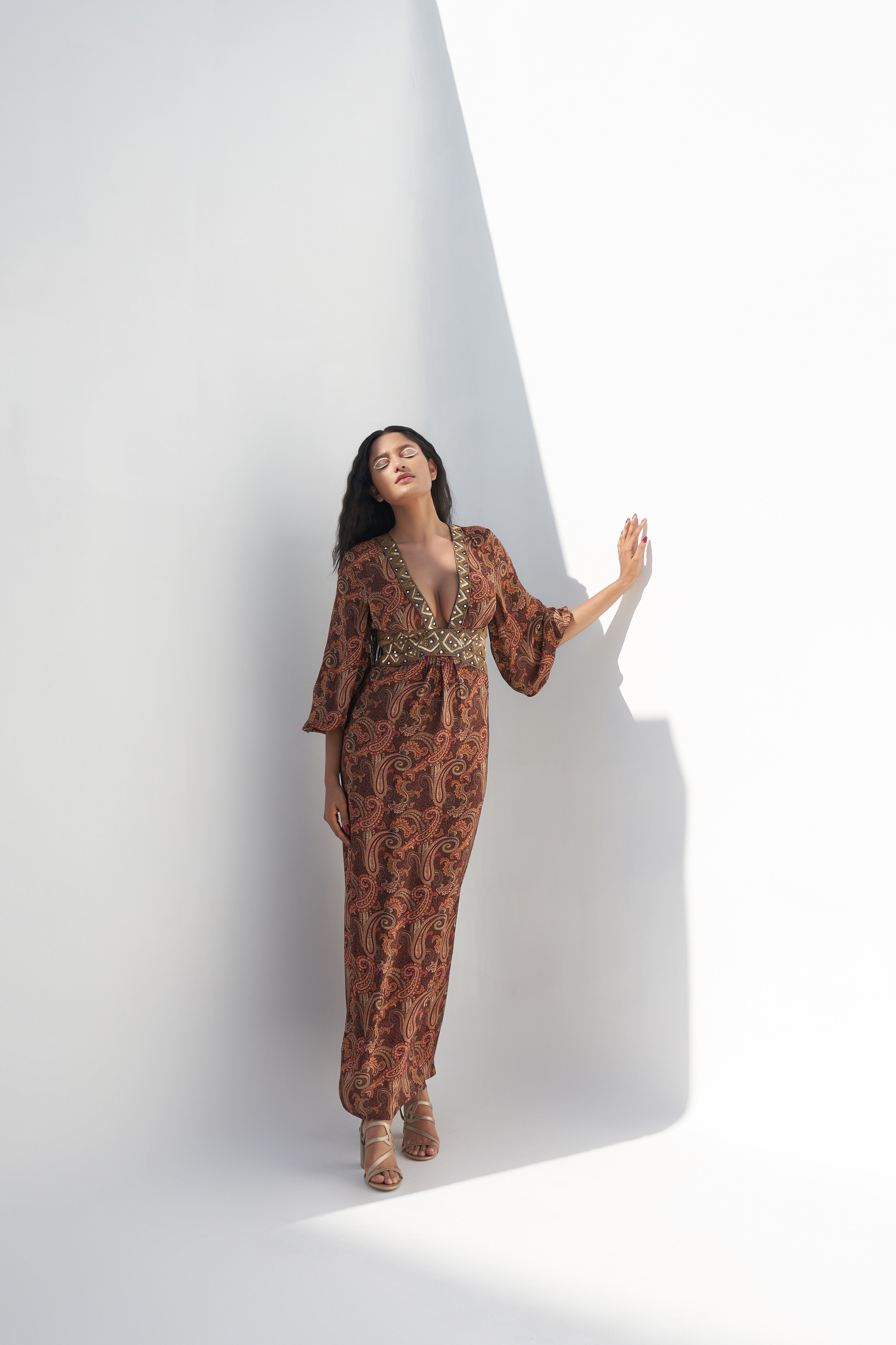 Brown Crepe Paisley Printed Maxi Dress