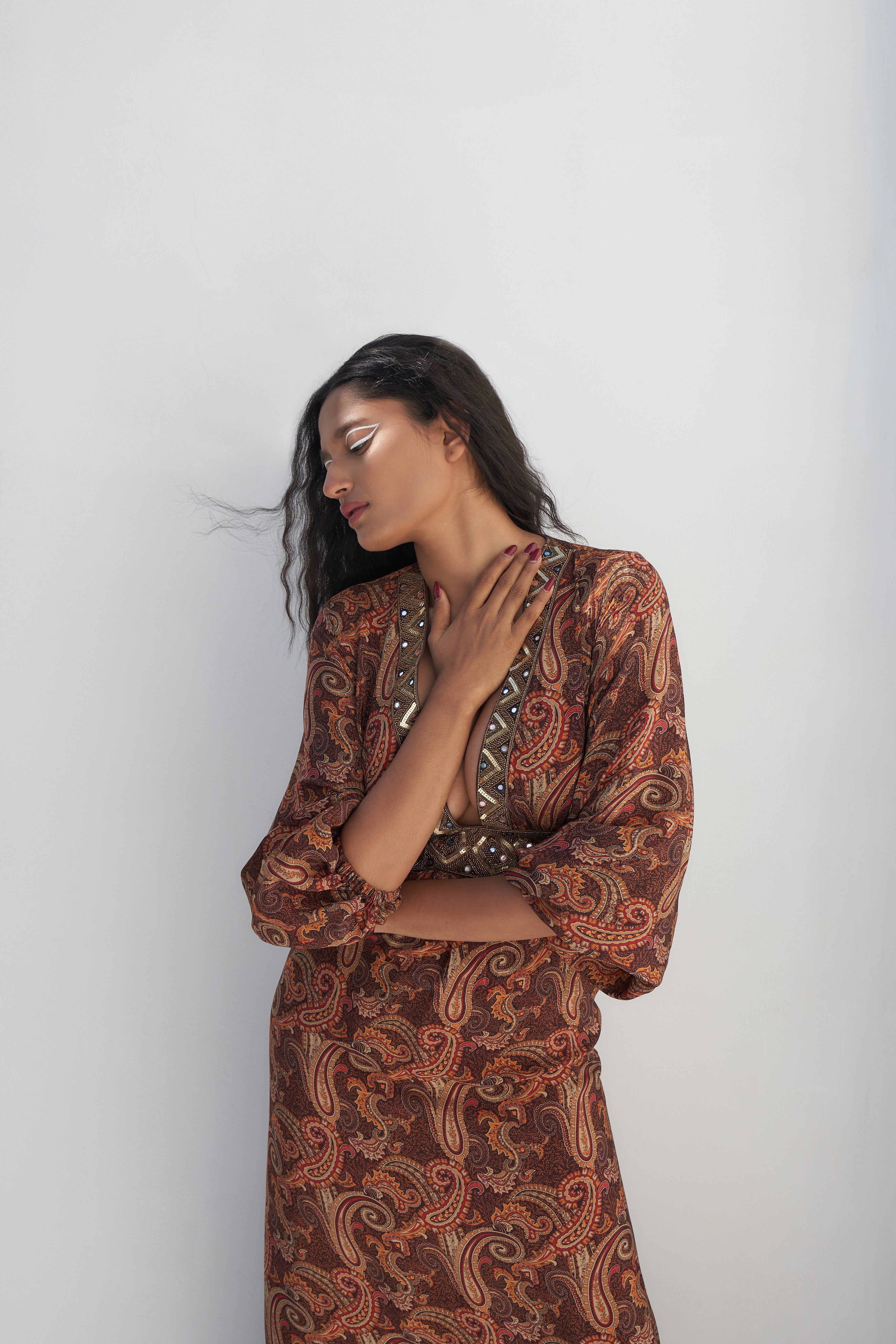 Brown Crepe Paisley Printed Maxi Dress