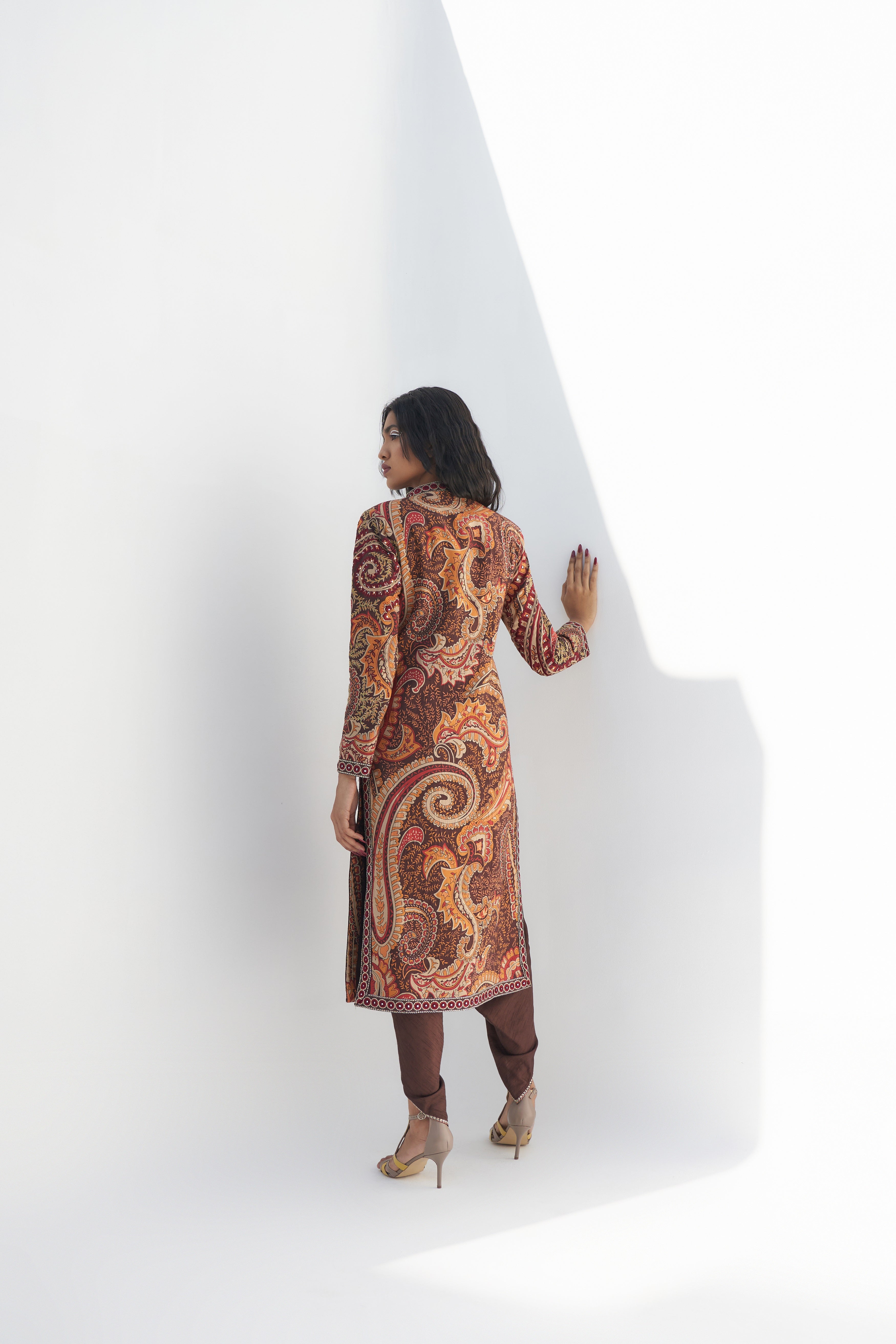 Brown Printed Sherwani Jacket Backview