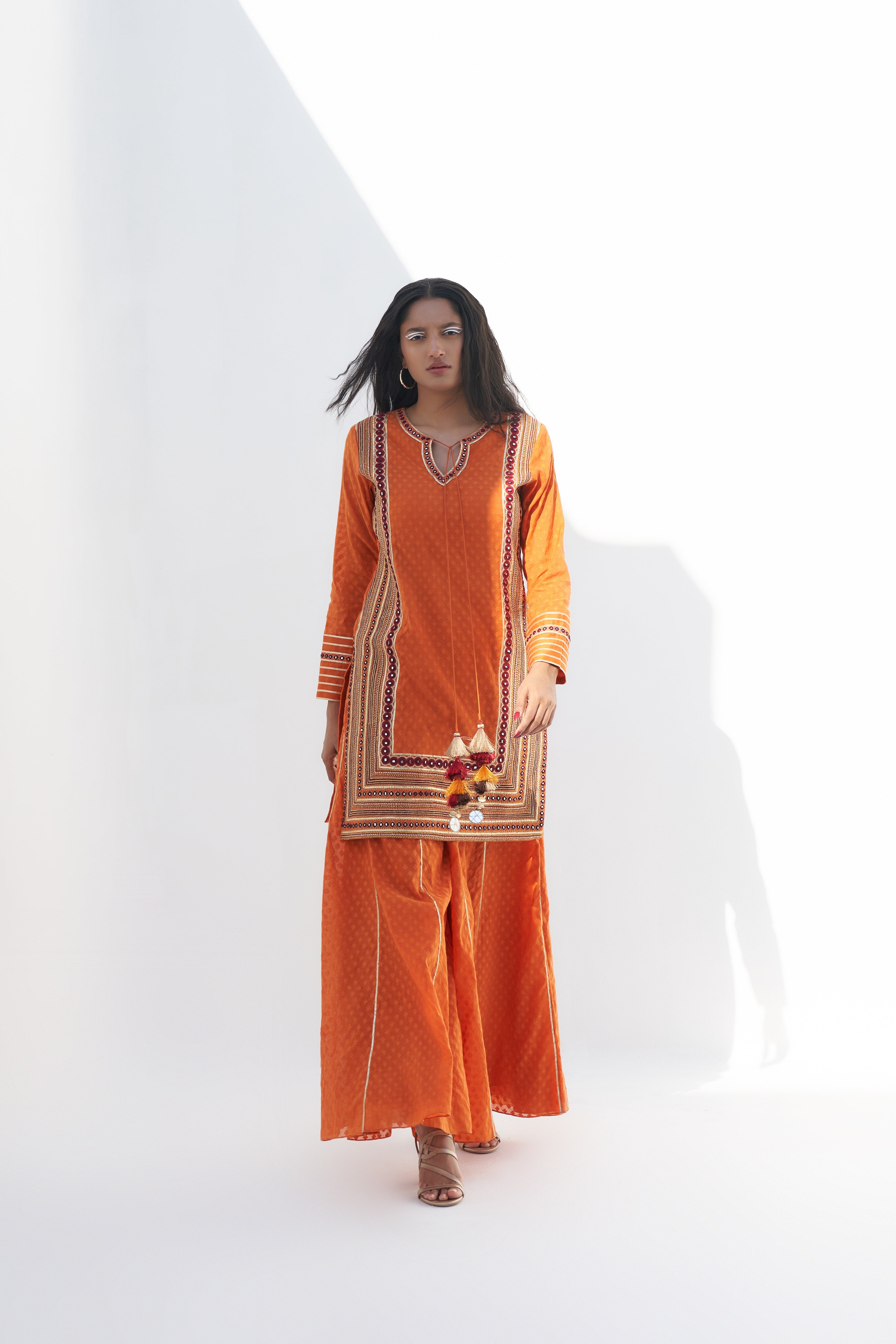 Orange Chanderi Jacquard Kurta frontview