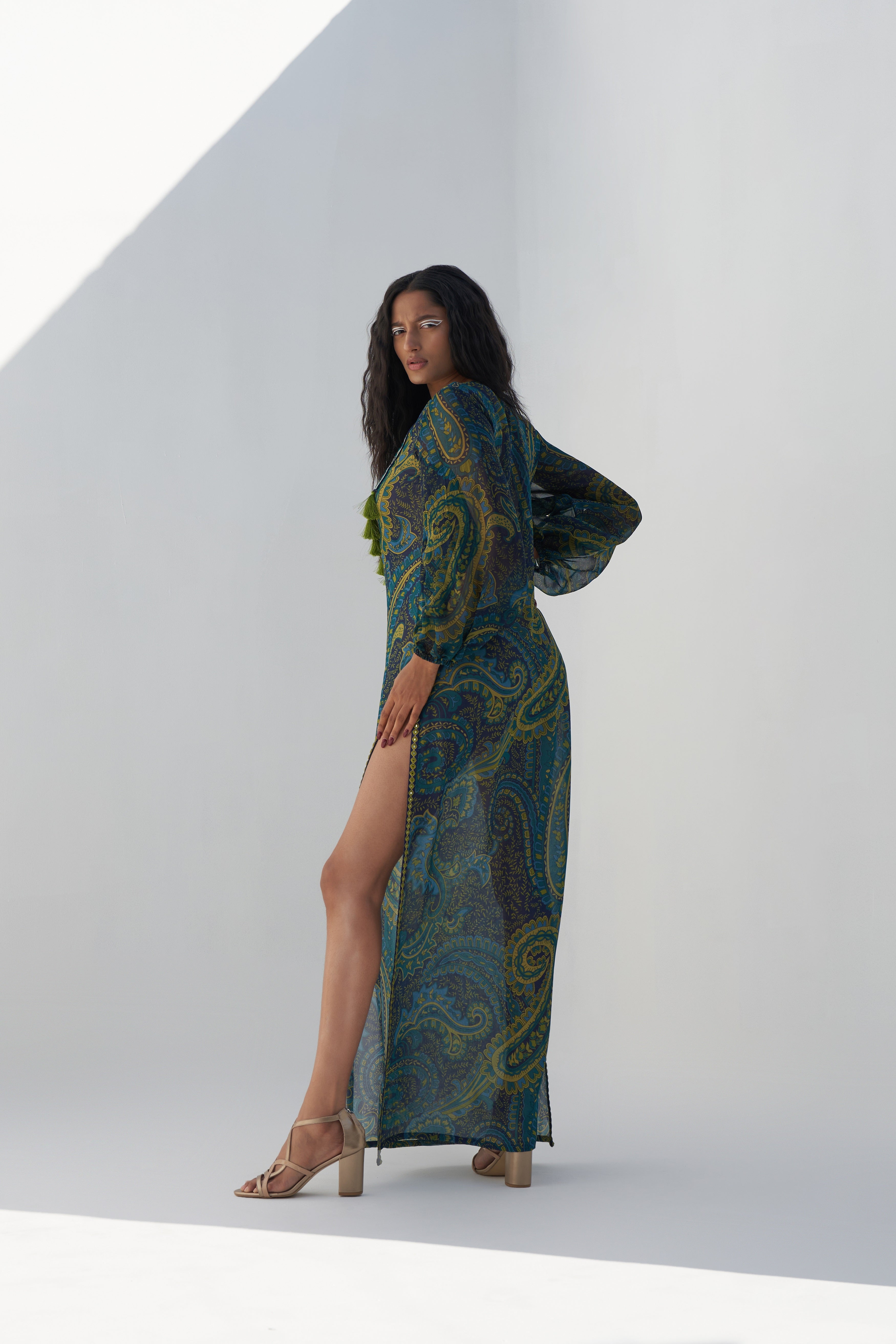 Emerald Green Georgette Paisley Printed Kaftan backview