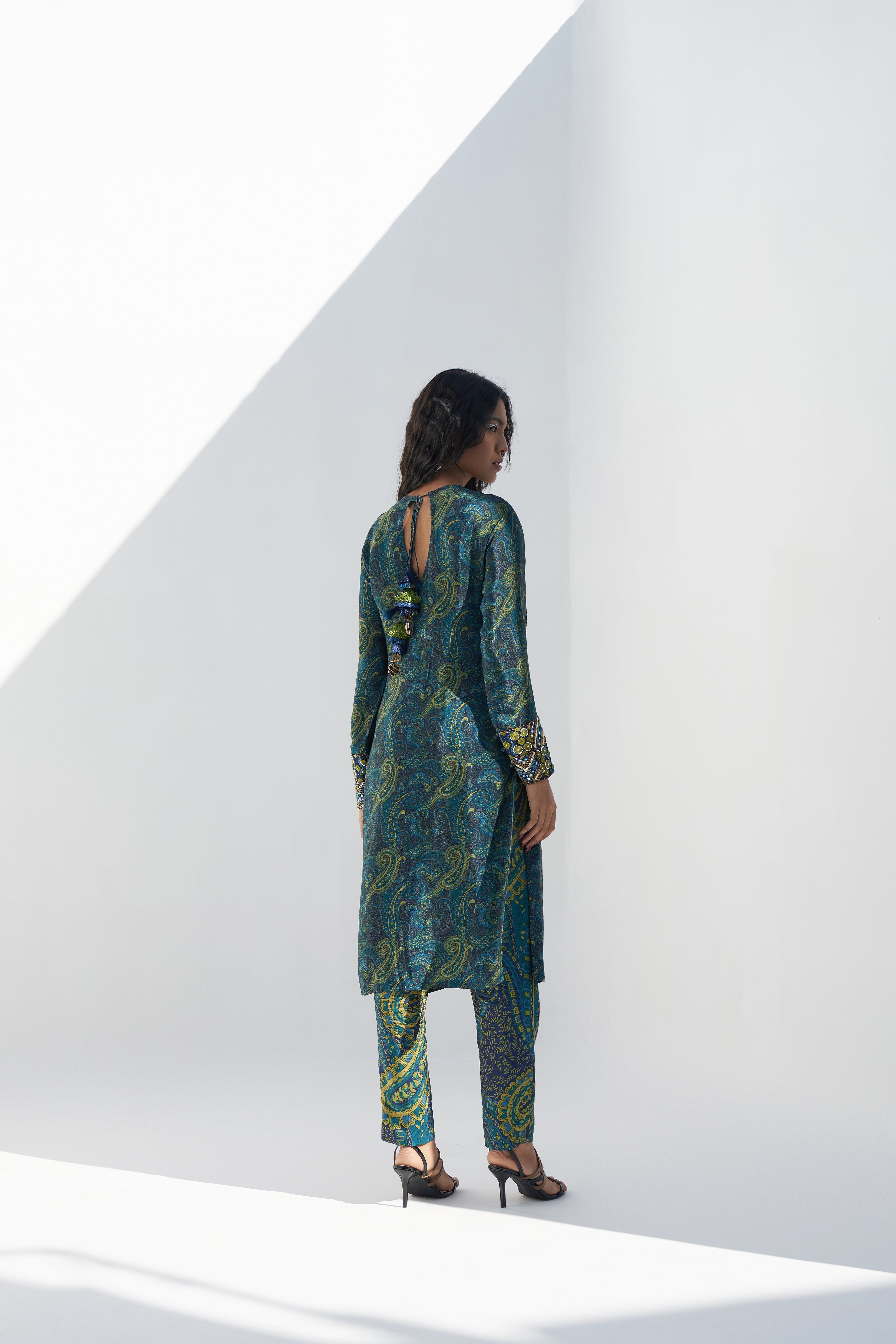 Emerald Green Printed & Embroidered Kurta backview