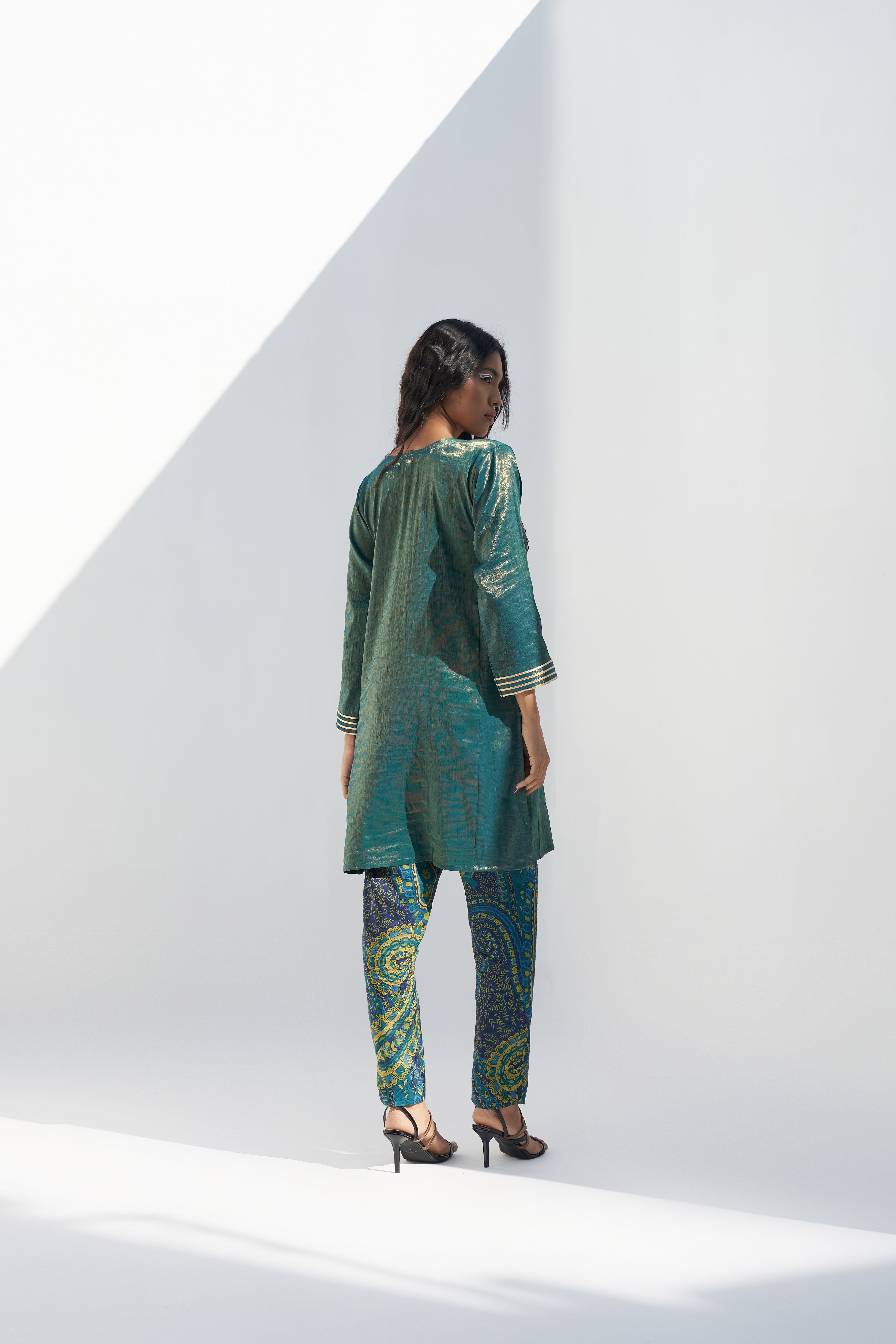 Green Printed Dupion Pants backview
