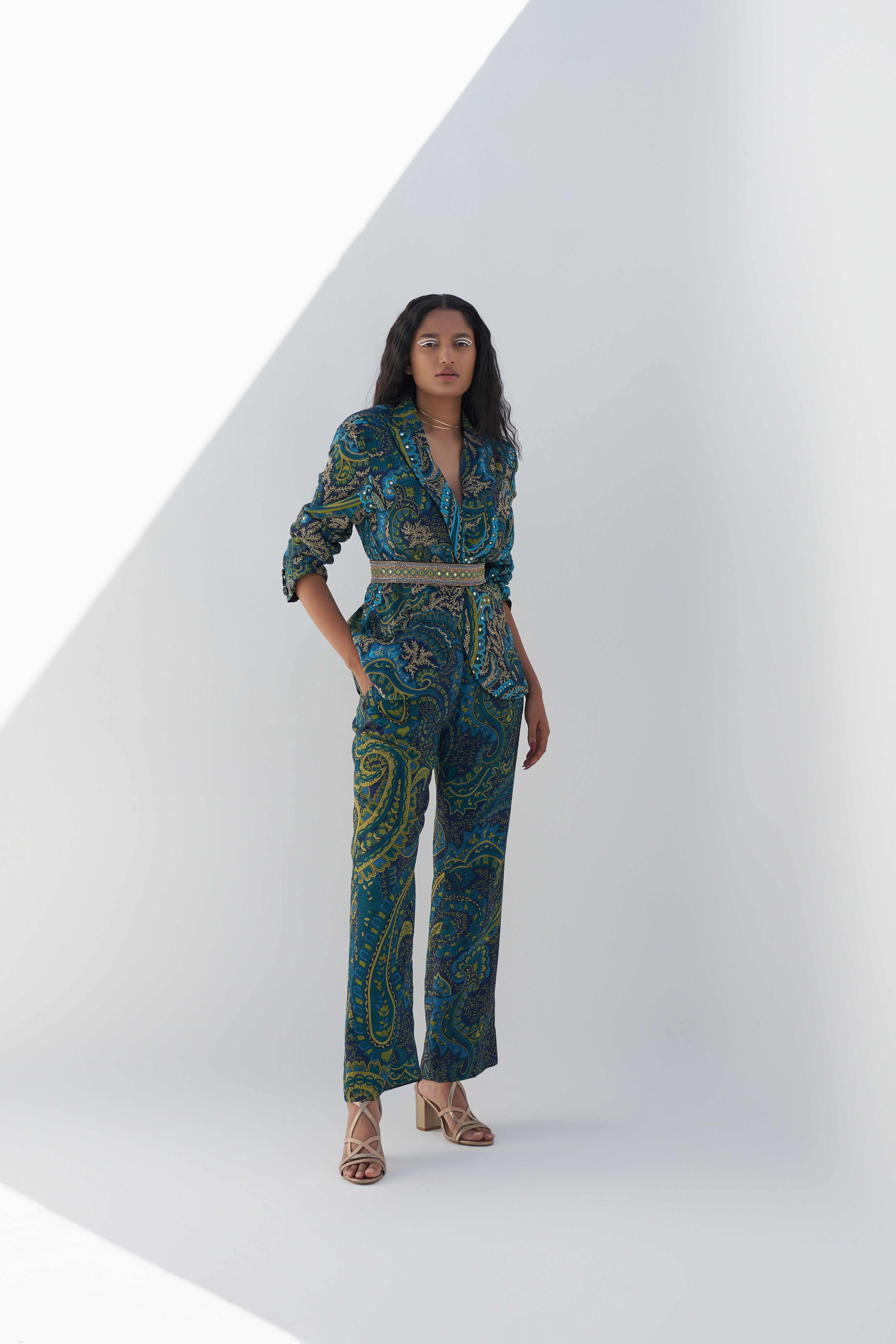 Emerald Green Dupion Paisley Printed Blazer Set frontview