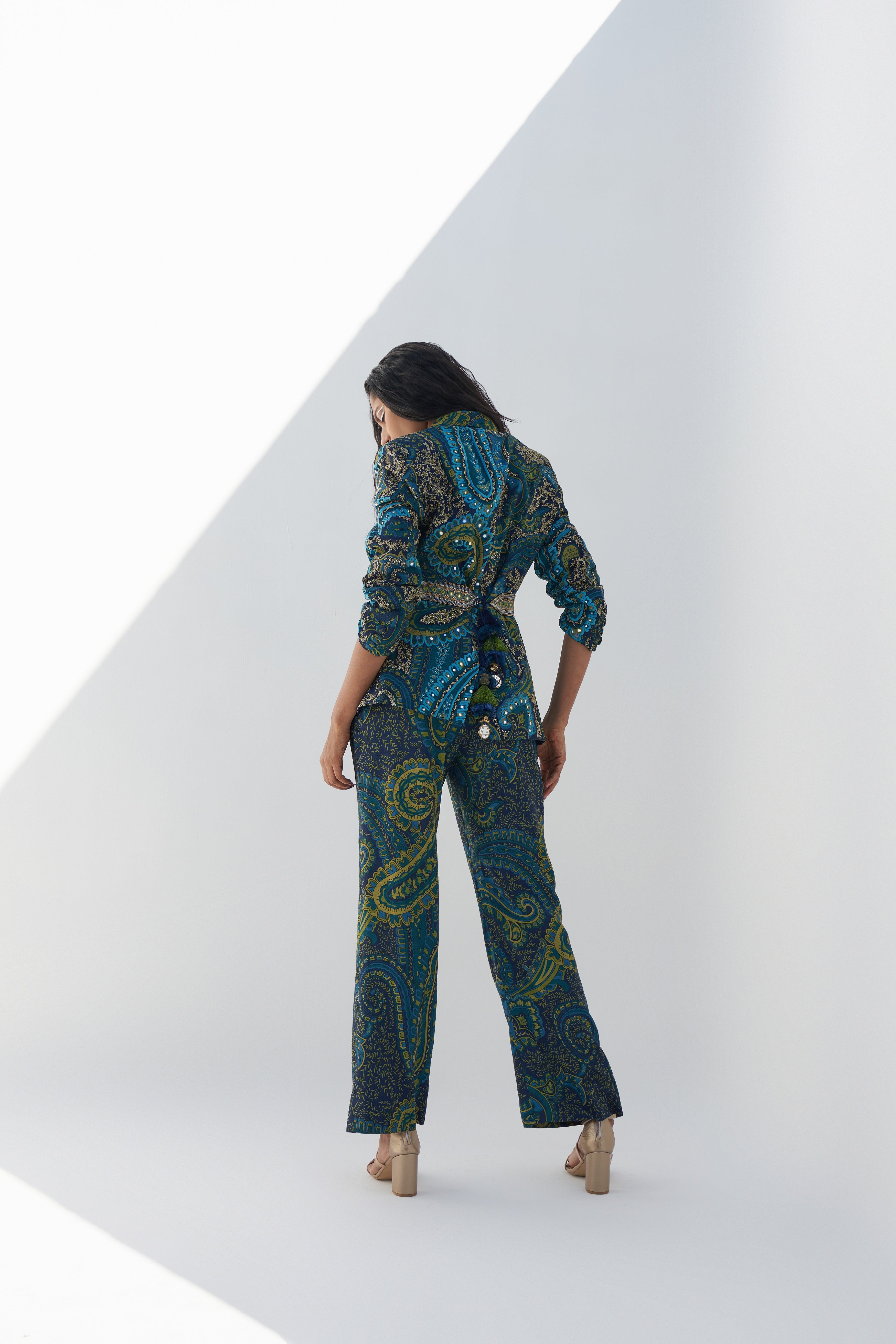 Emerald Green Dupion Paisley Printed Blazer Set Backview