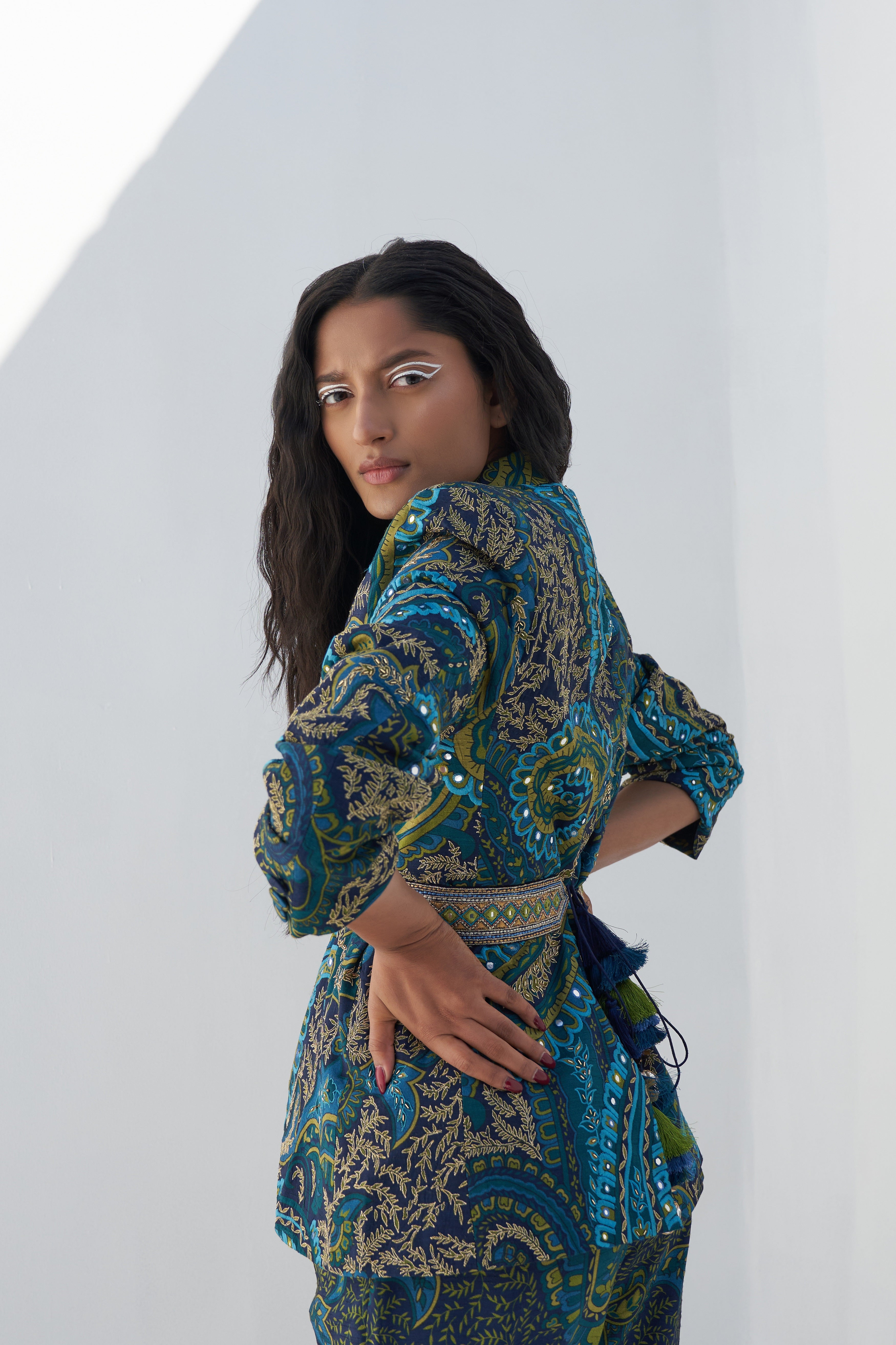 Emerald Green Dupion Paisley Printed Blazer Set Backview