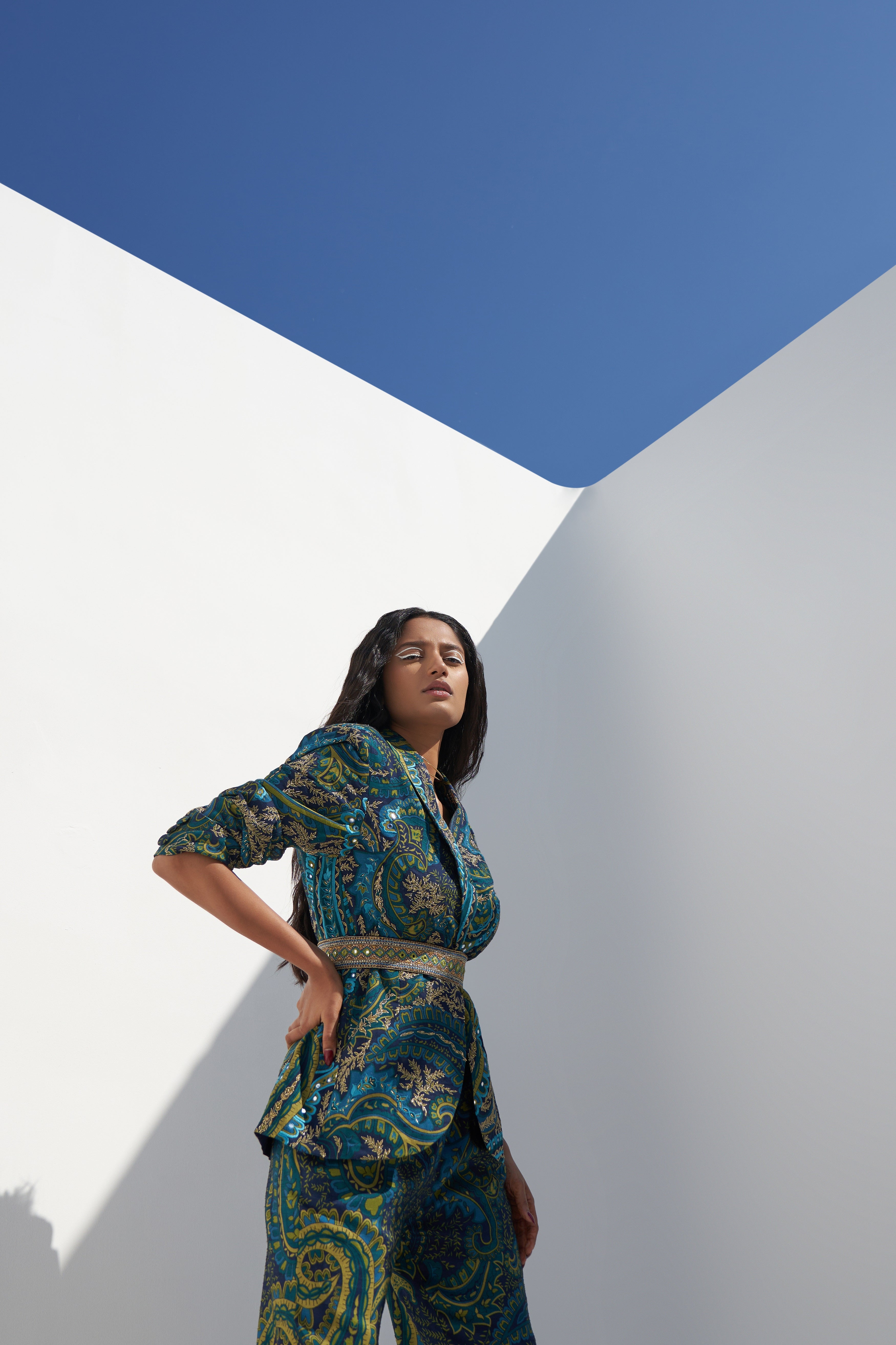 Emerald Green Dupion Paisley Printed Blazer Set Backview