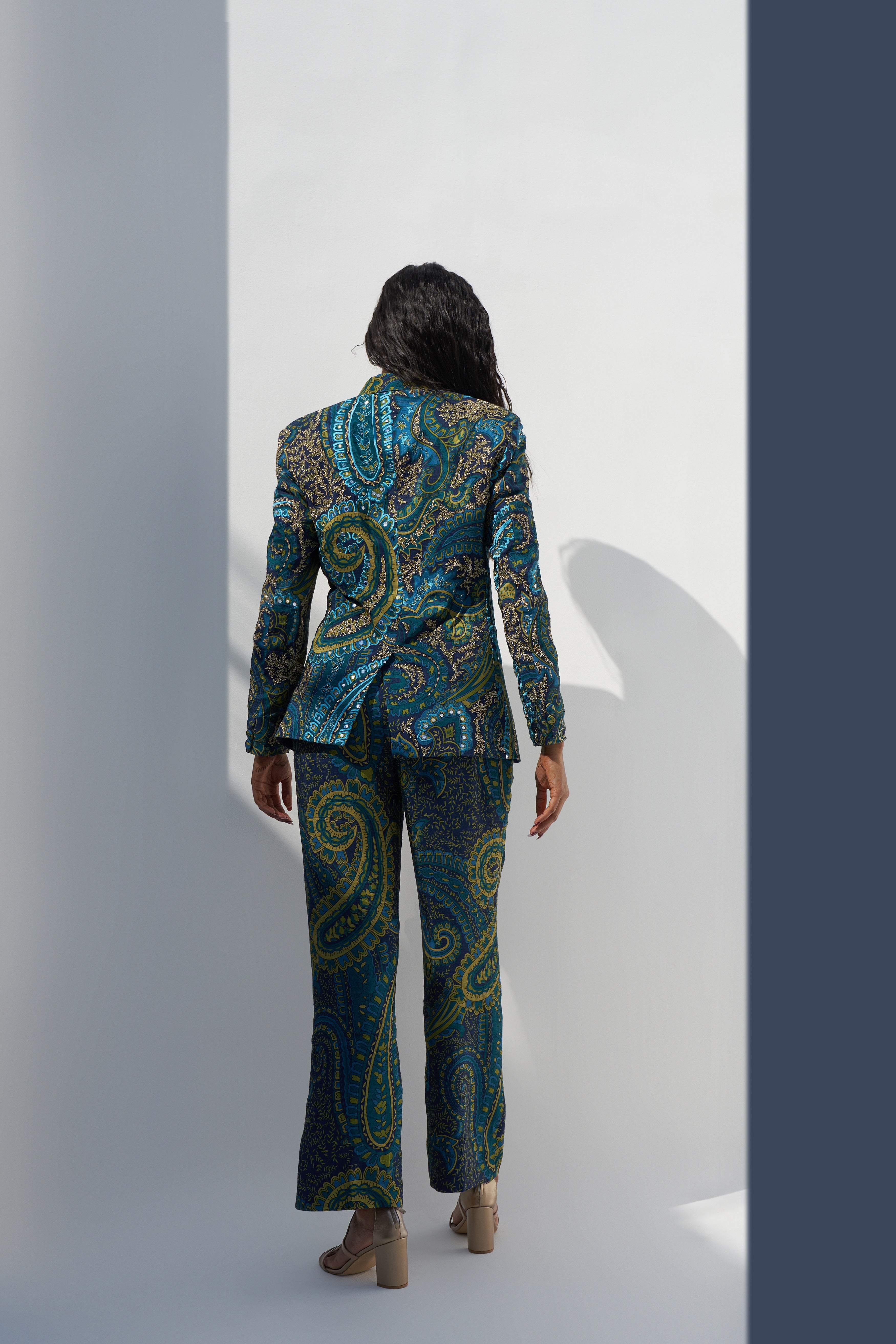 Emerald Green Dupion Paisley Printed Blazer Set Backview