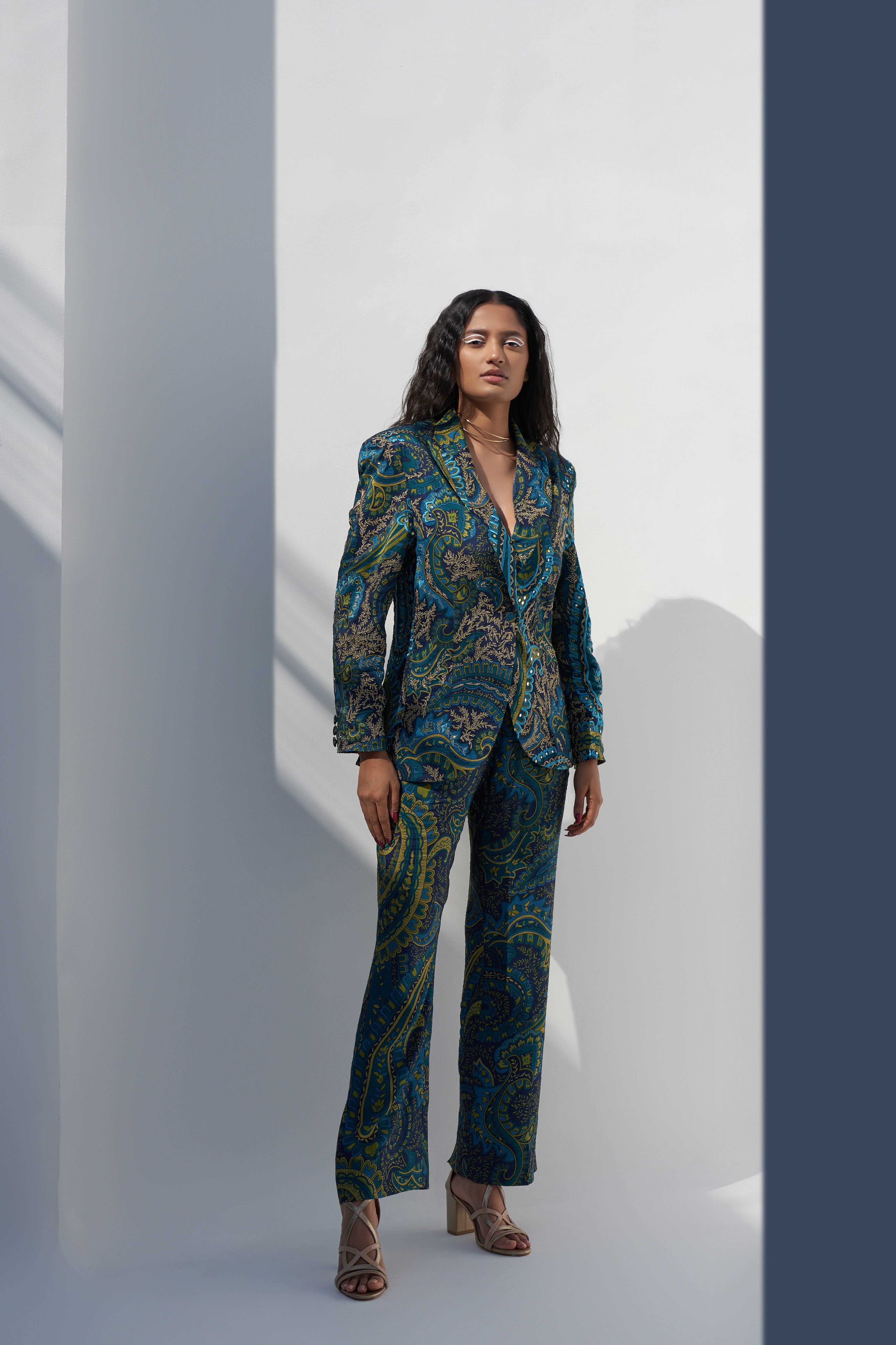 Emerald Green Dupion Paisley Printed Blazer Set frontview