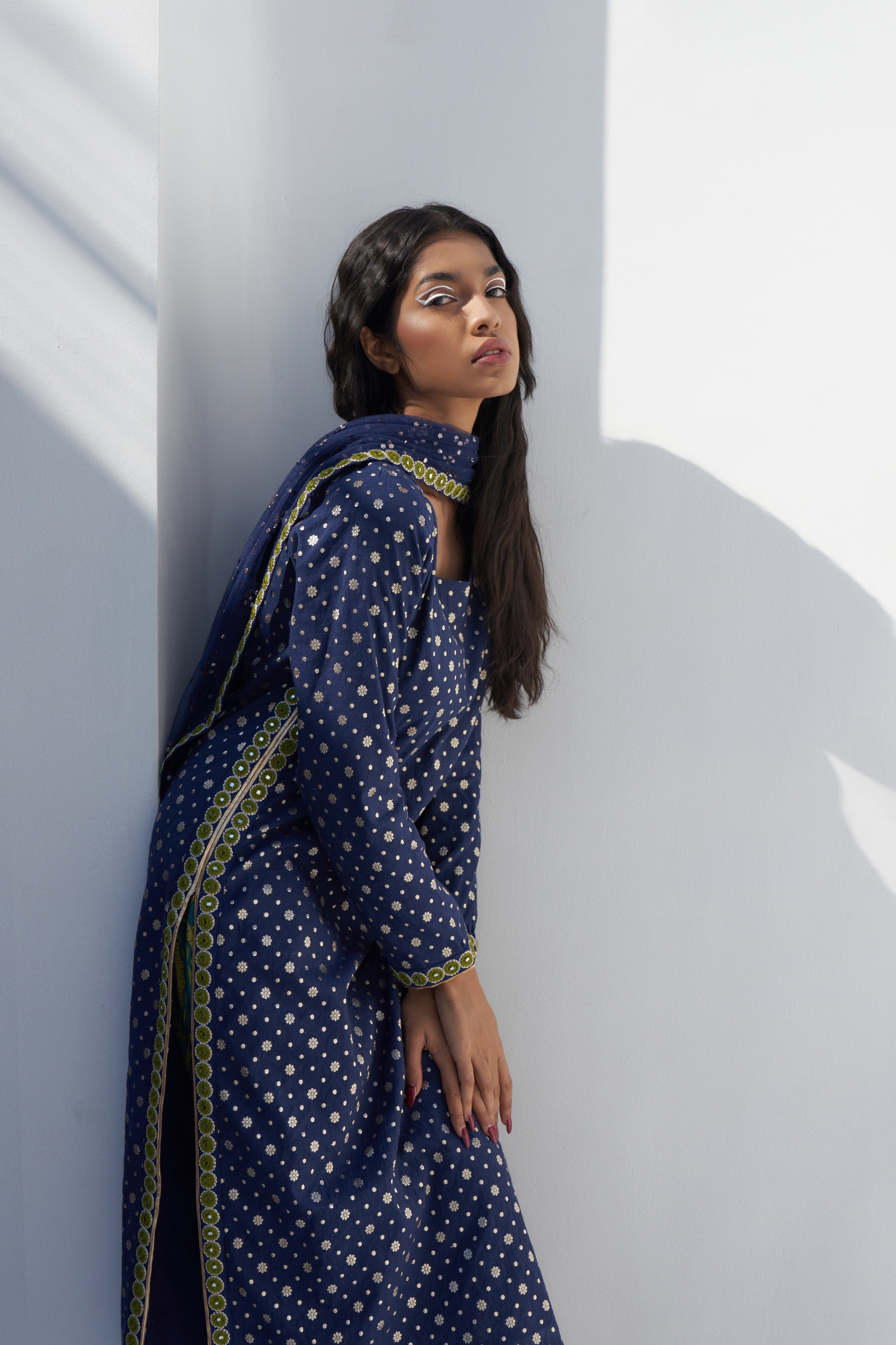 Royal Blue Chanderi Jacquard Kurta Sideview