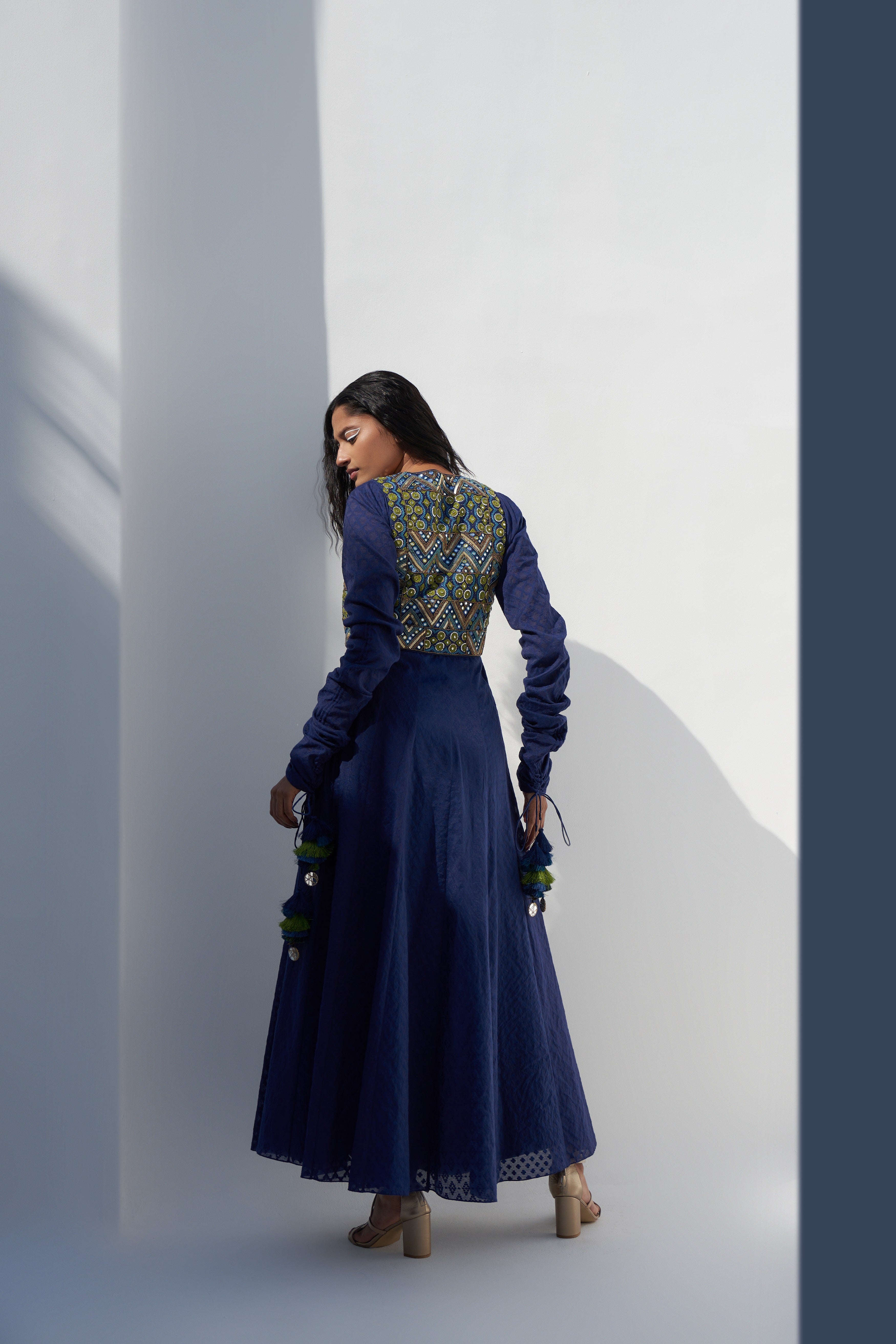 Women's Royal Blue Chanderi Anarkali Backview