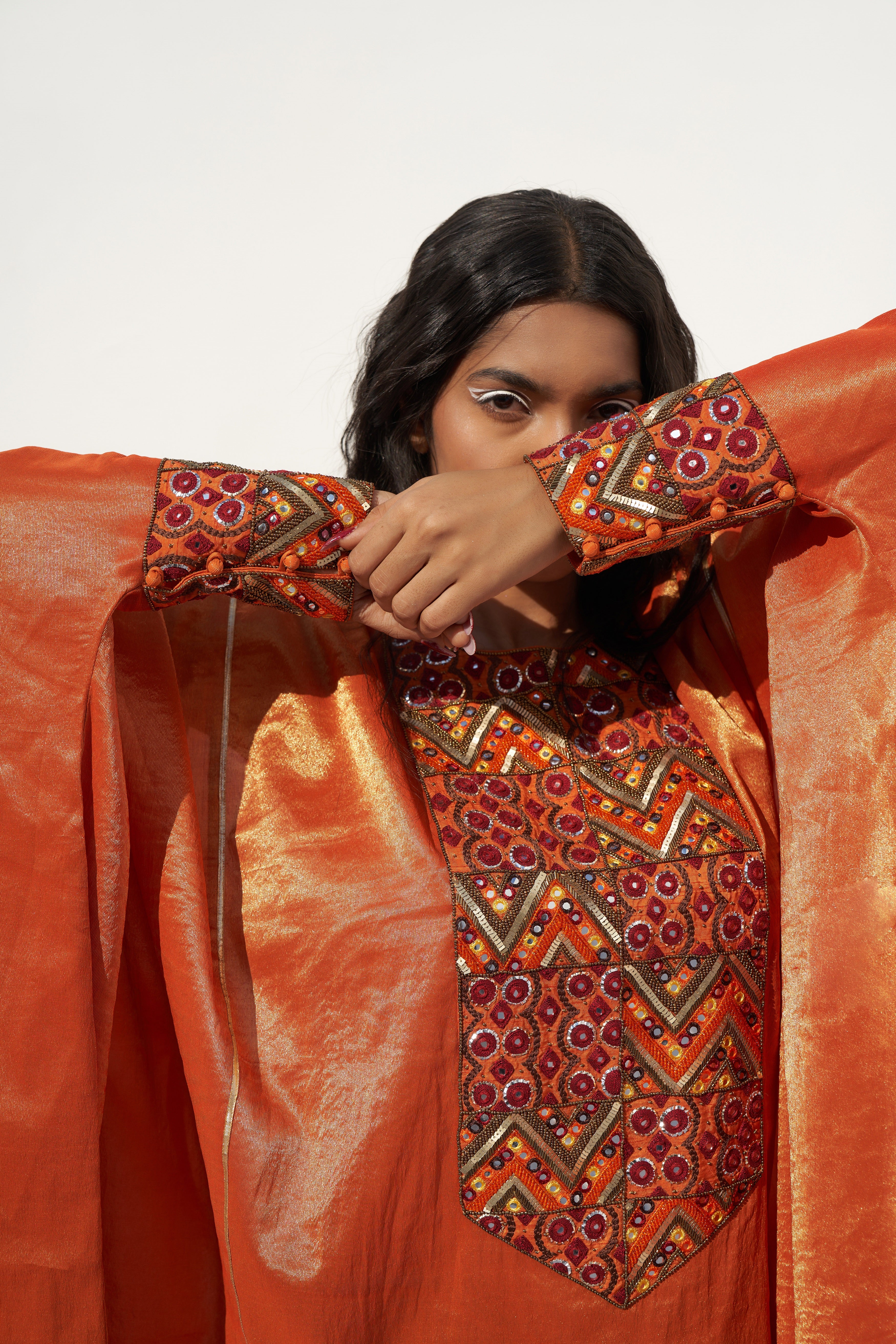 Orange Tissue Embroidered Tunic Dress Closeview