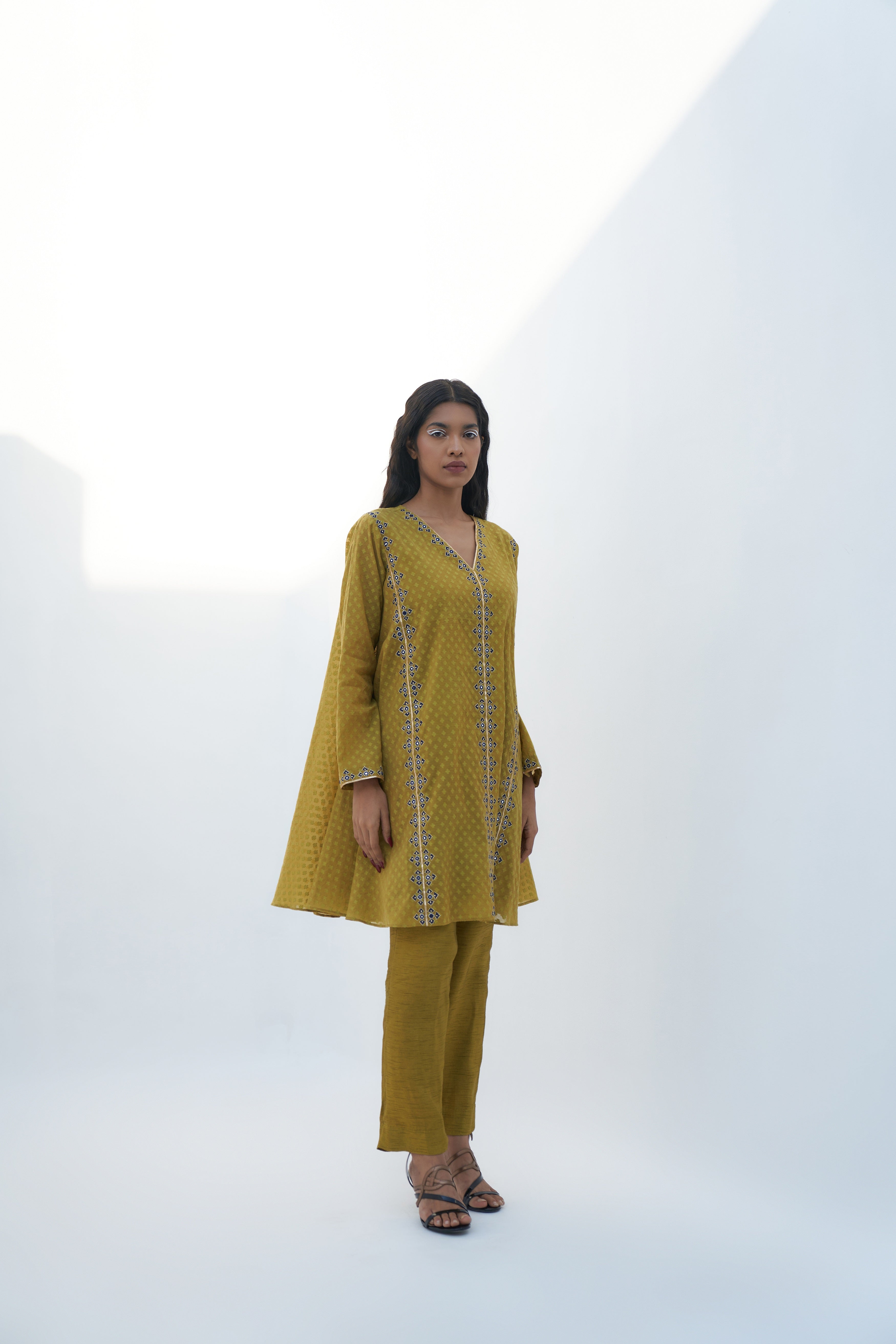Acid Green Chanderi Jacquard Embroidered Tunic Set