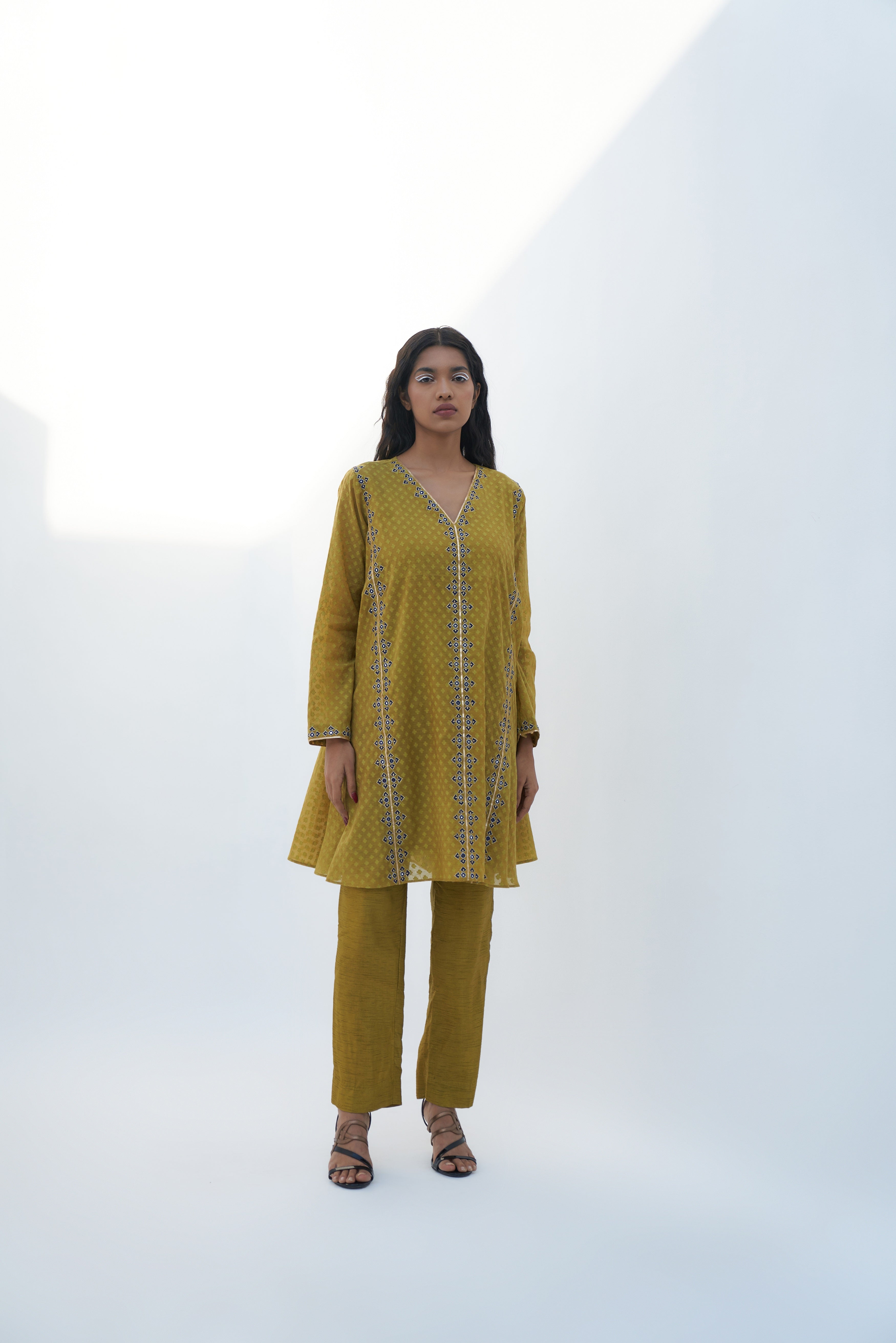 Acid Green Chanderi Jacquard Embroidered Tunic Set Frontview